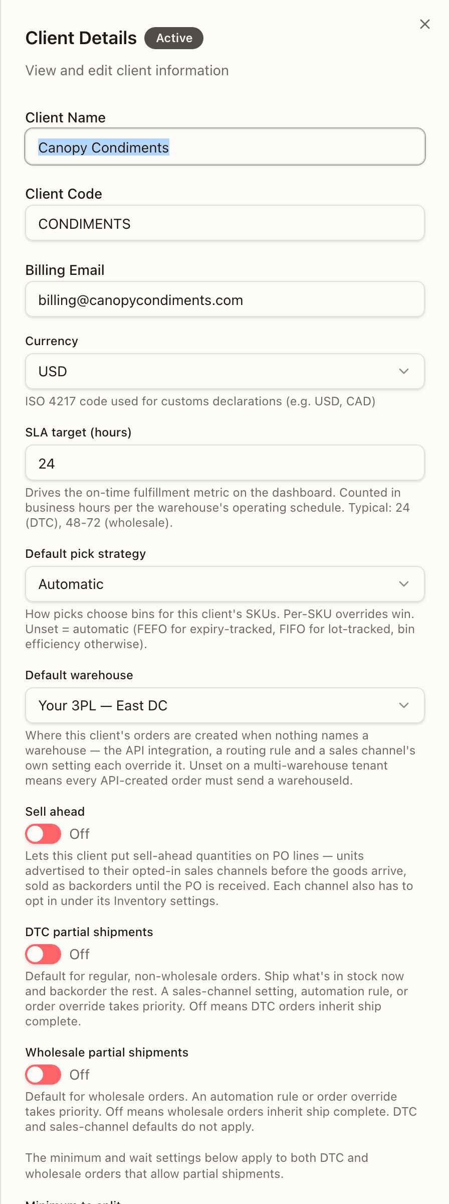 The client detail panel with SLA, pick strategy, default warehouse, sell ahead, and partial shipments