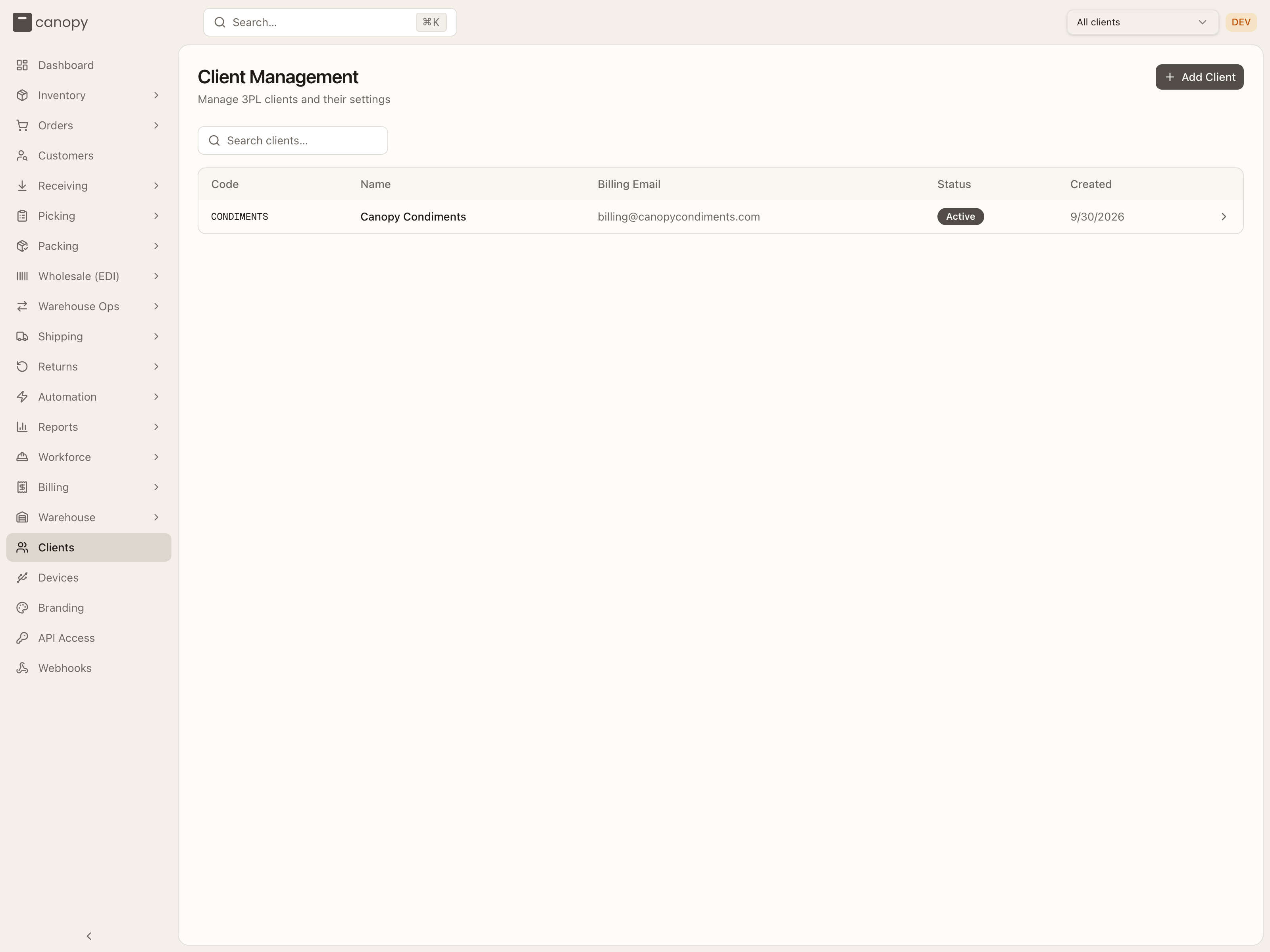 Client Management list with the Add Client button
