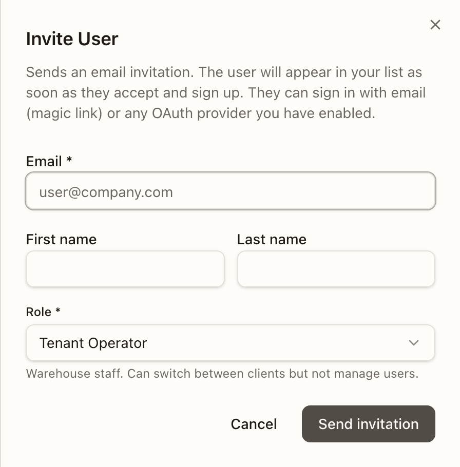 The Invite User form, with Tenant Operator selected
