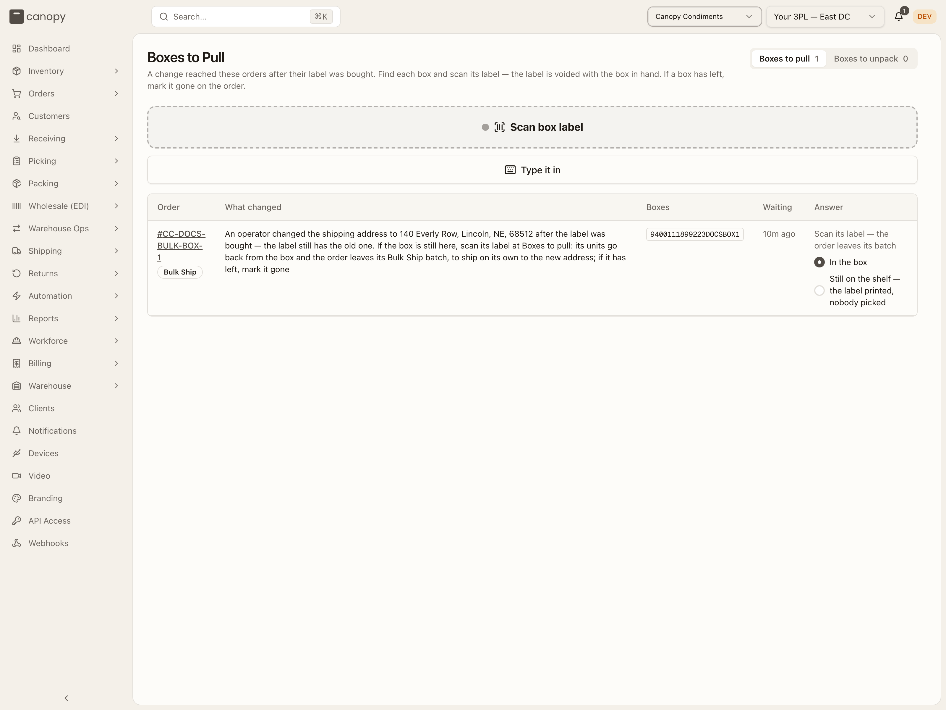 The Boxes to pull tab, with the scan field and the Order / What changed / Boxes / Waiting / Answer table