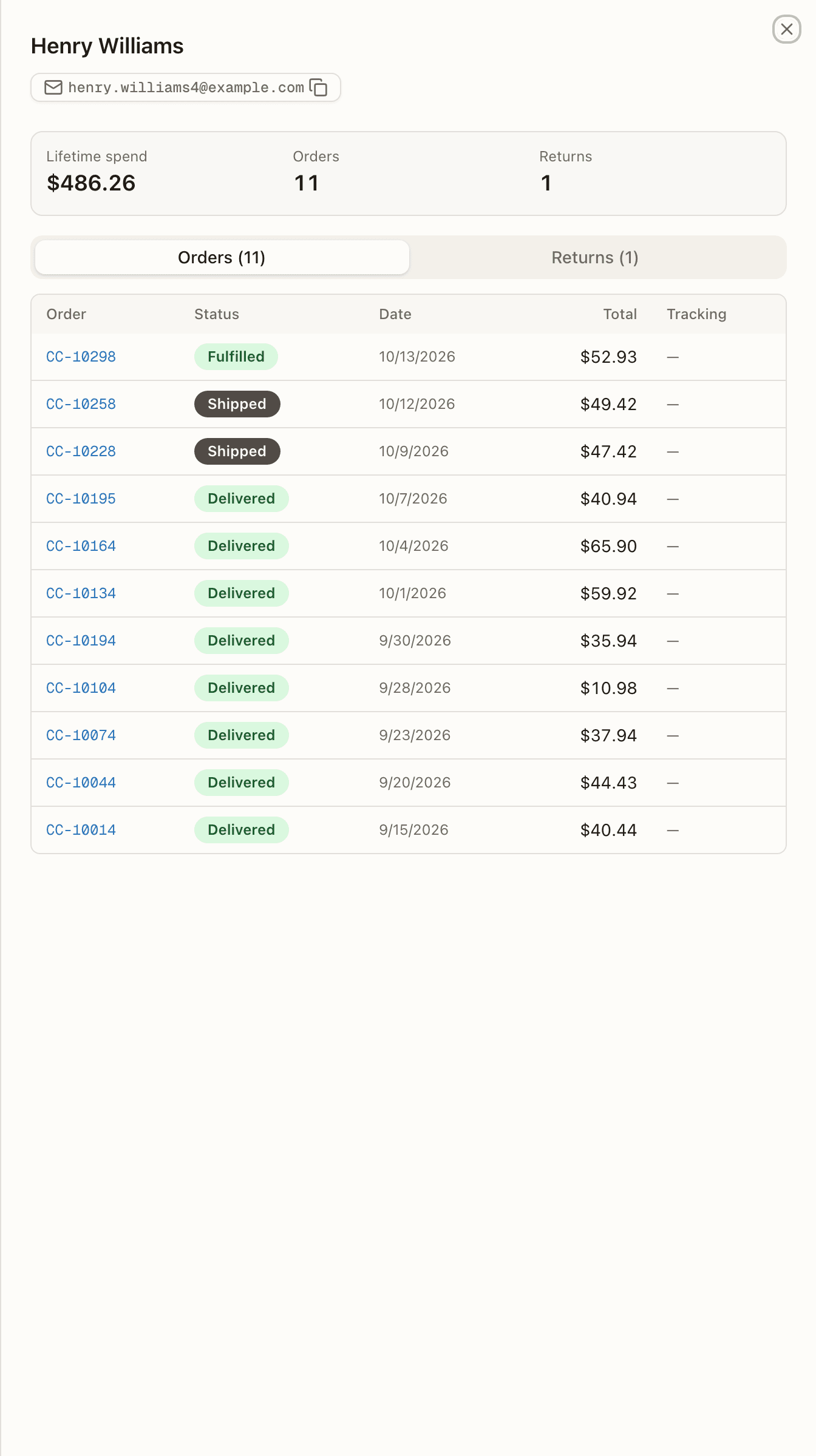 A customer's Orders tab