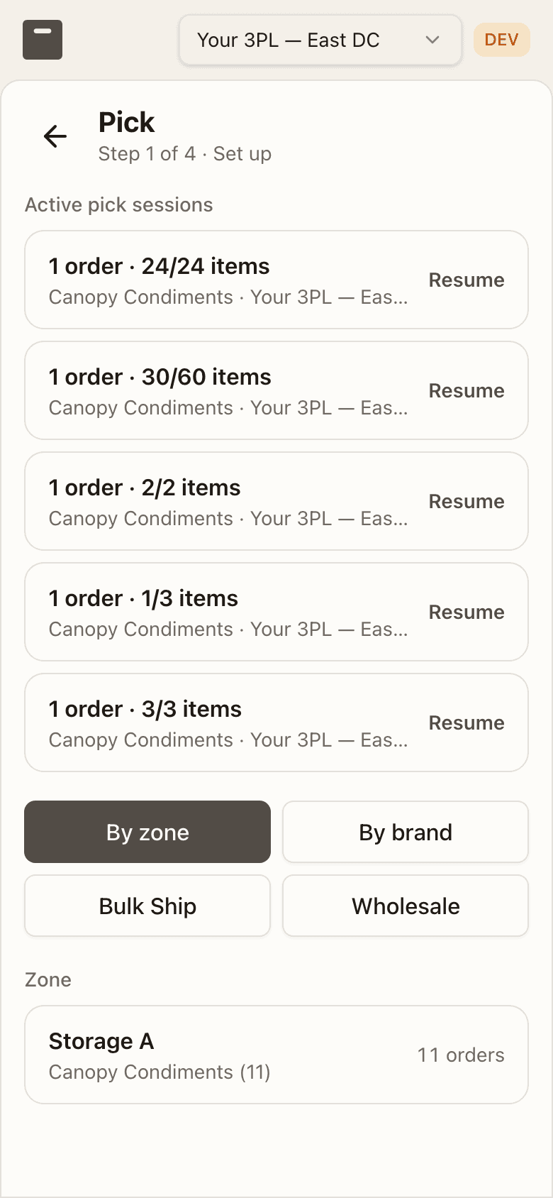 The floor app's pick setup — By zone / By brand / Bulk Ship / Wholesale, one row per zone with its brands and order count