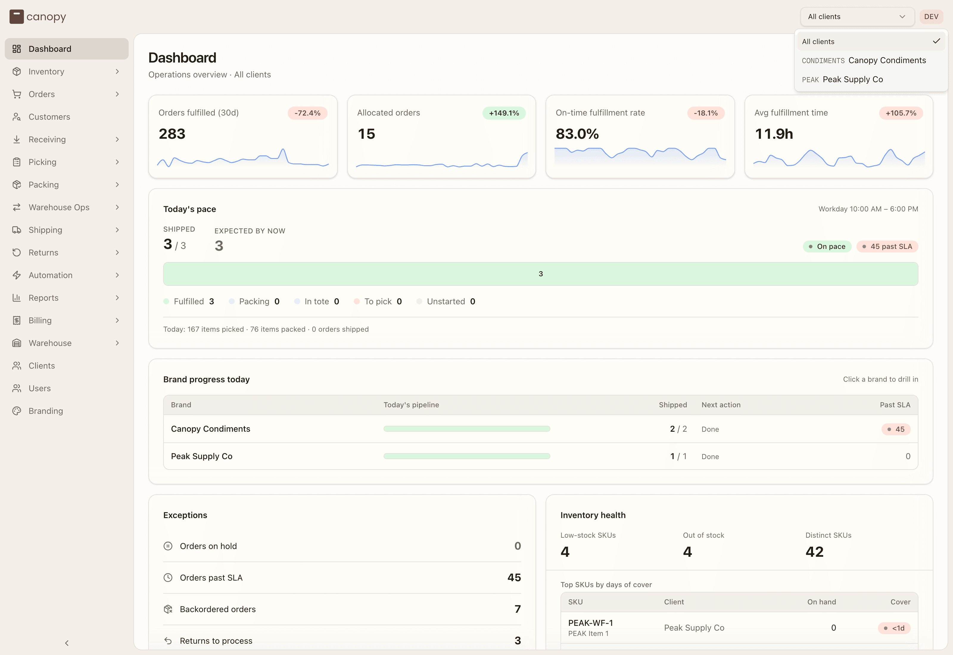 The topbar client switcher, open