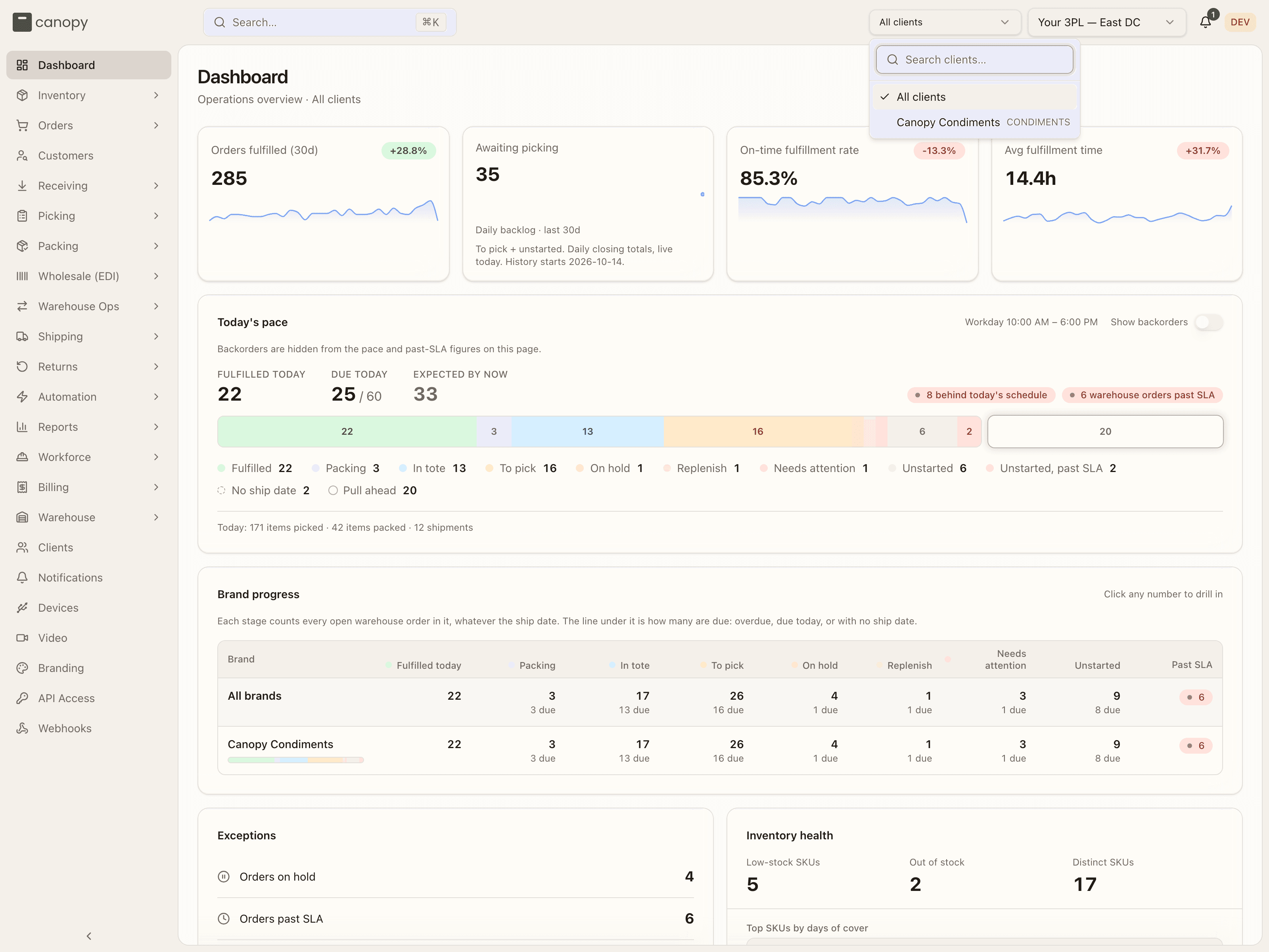 The topbar client switcher, open