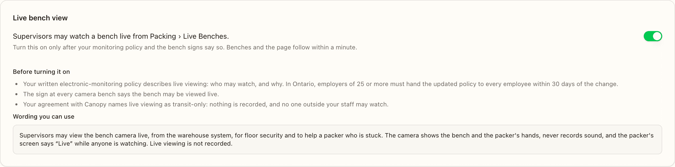 Settings → Video: the Live bench view panel with its switch, the Before turning it on checklist and the wording to paste