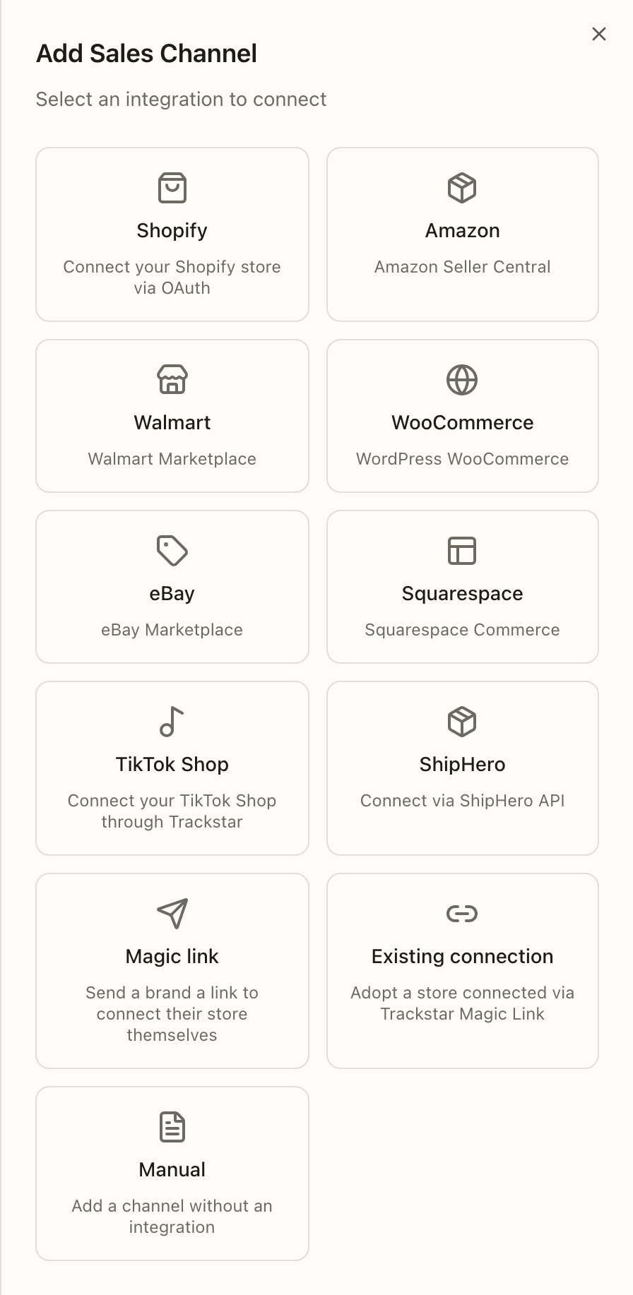 The Add Sales Channel picker — Shopify, Amazon, Walmart, WooCommerce, eBay, Squarespace, TikTok Shop, ShipHero, Magic link, Existing connection, Manual