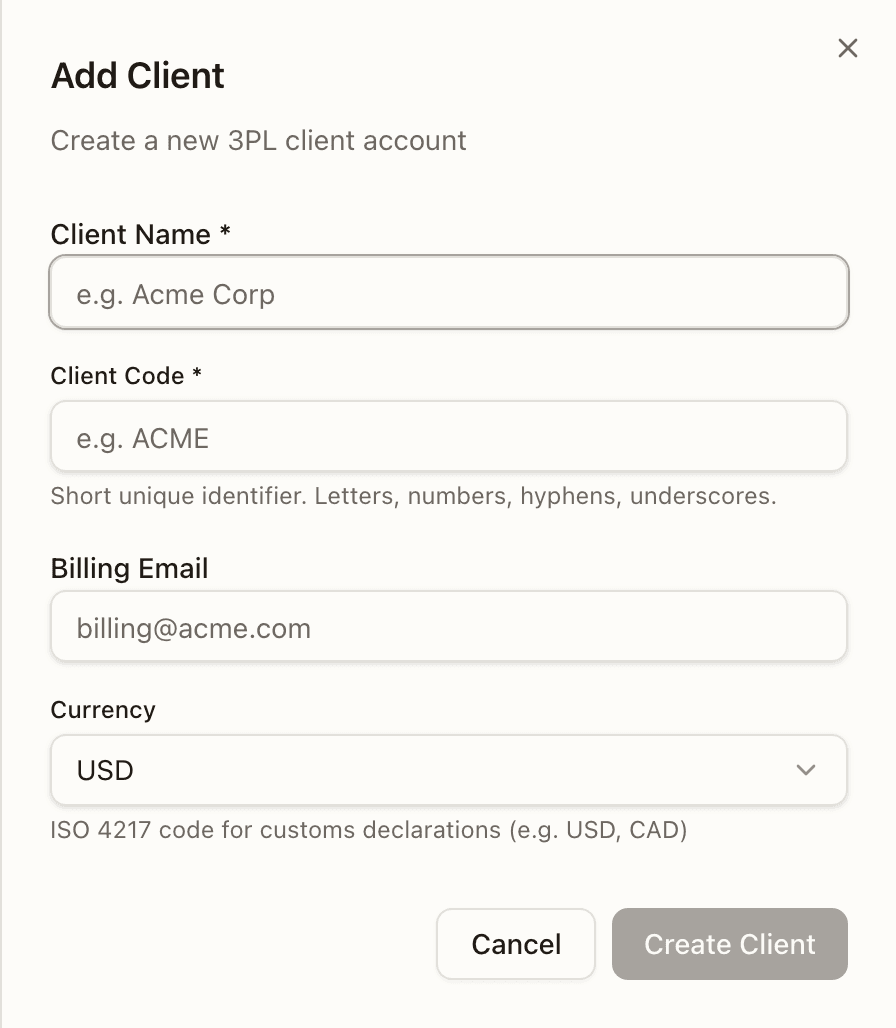 The Add Client sheet