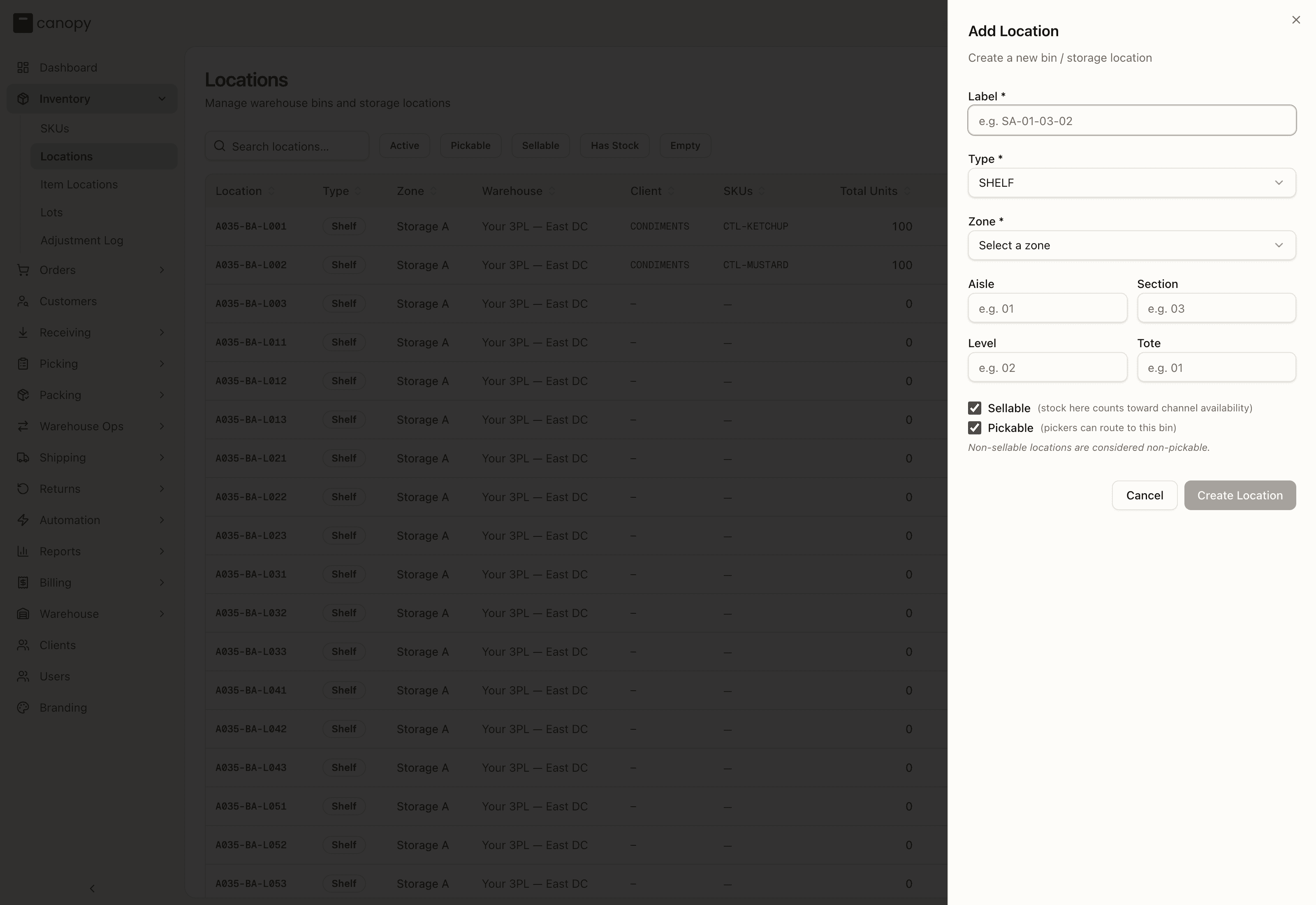 Adding a bin location