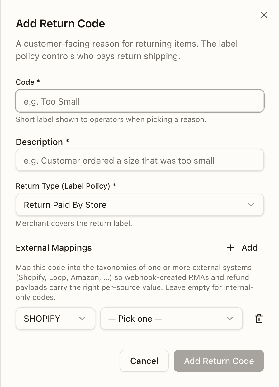 Adding a return reason code