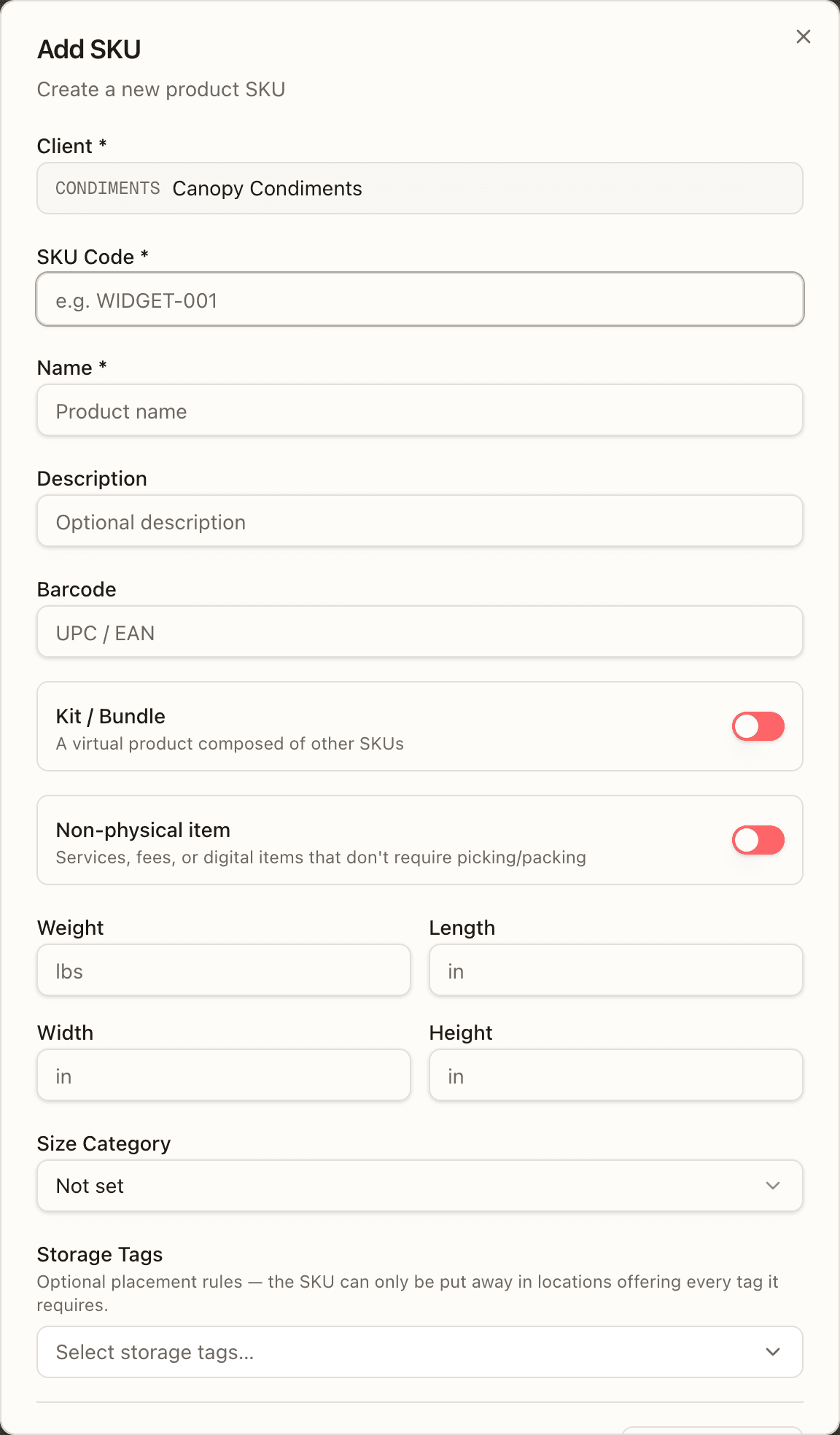 Adding a SKU as an operator — Client picker and Storage Tags