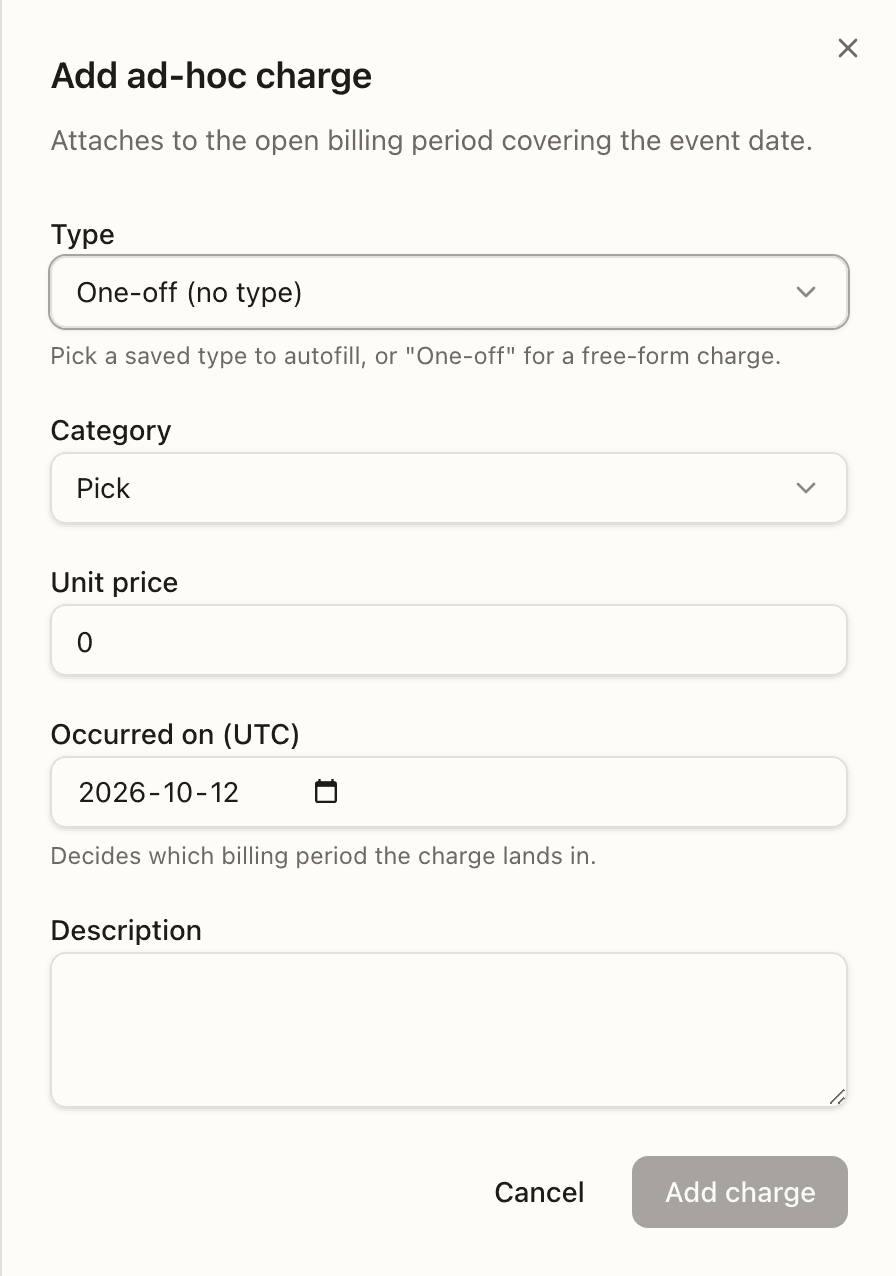 The Add ad-hoc charge drawer
