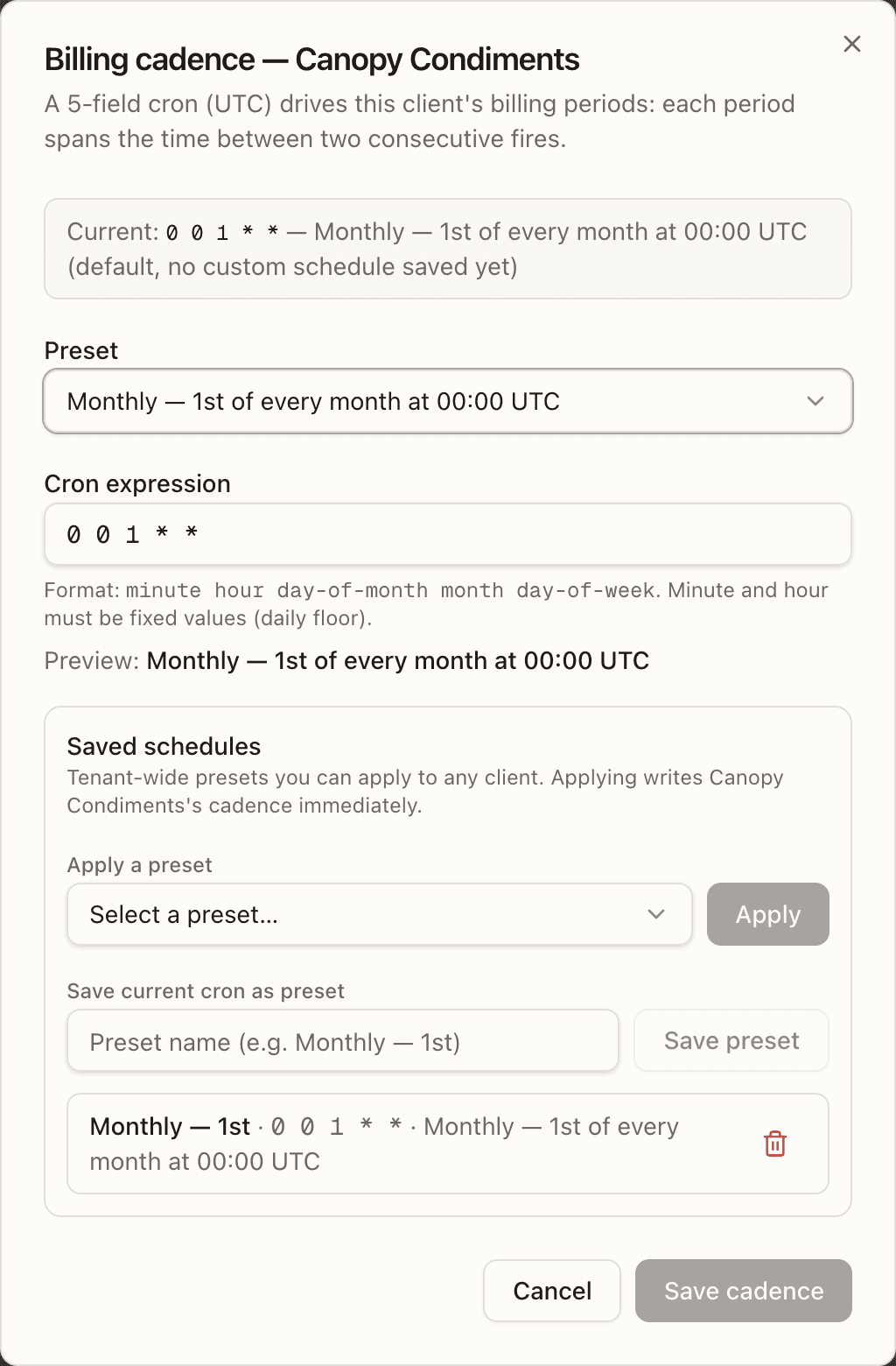 The Billing cadence dialog