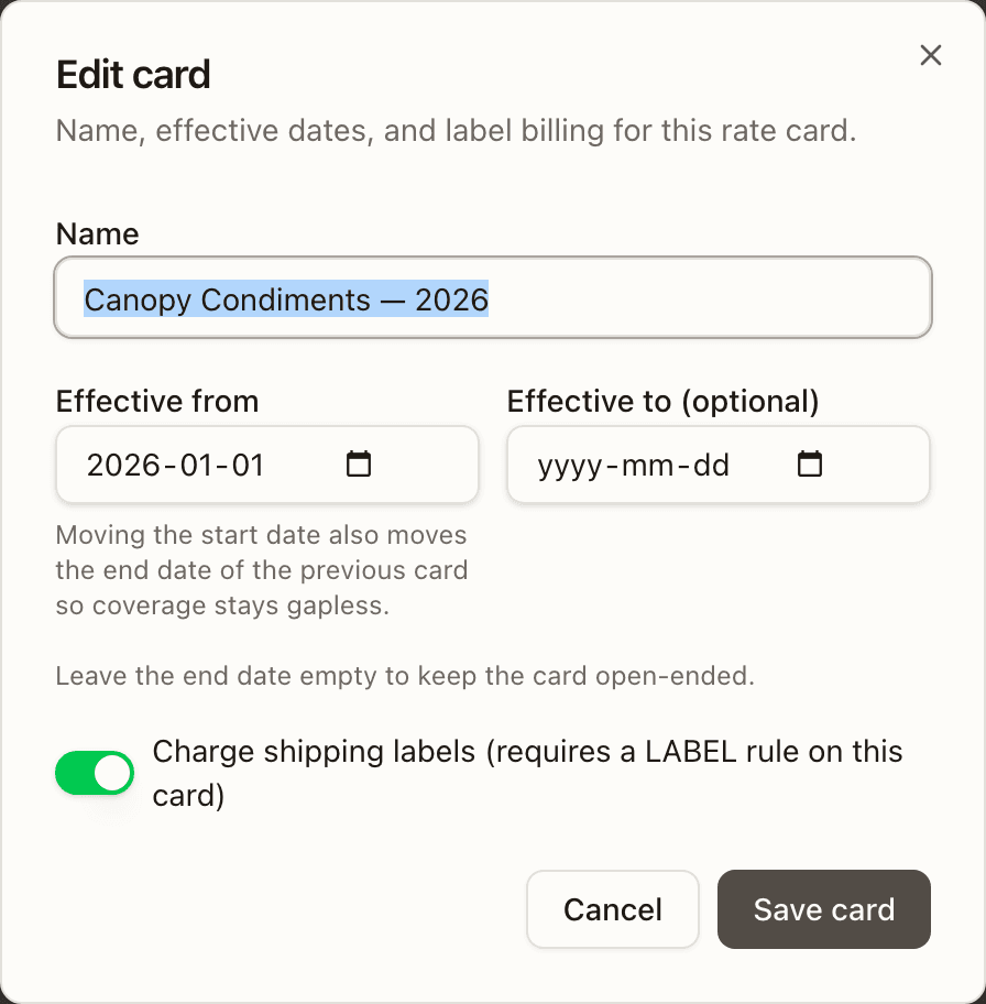 The Edit card dialog