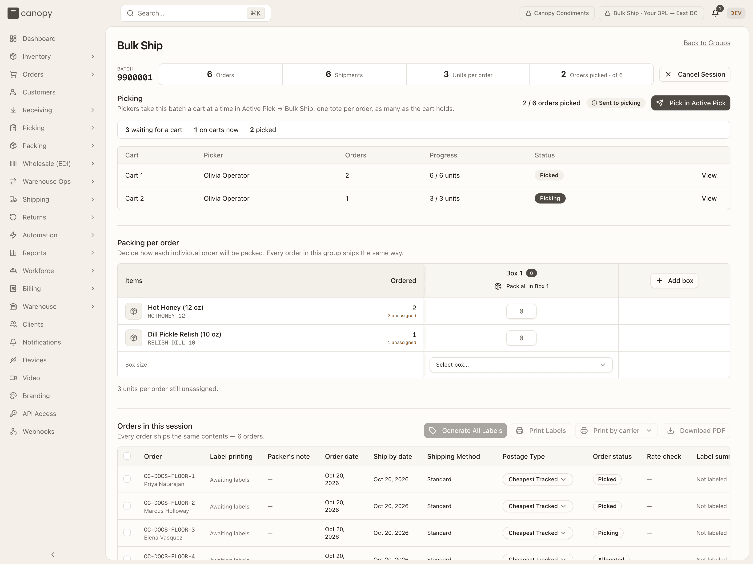 A batch sent to picking: the Picking section with the Sent to picking badge, the waiting / on carts / picked strip, and one row per cart
