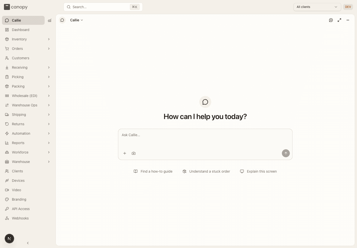 Callie full-page chat with the message box and suggested questions