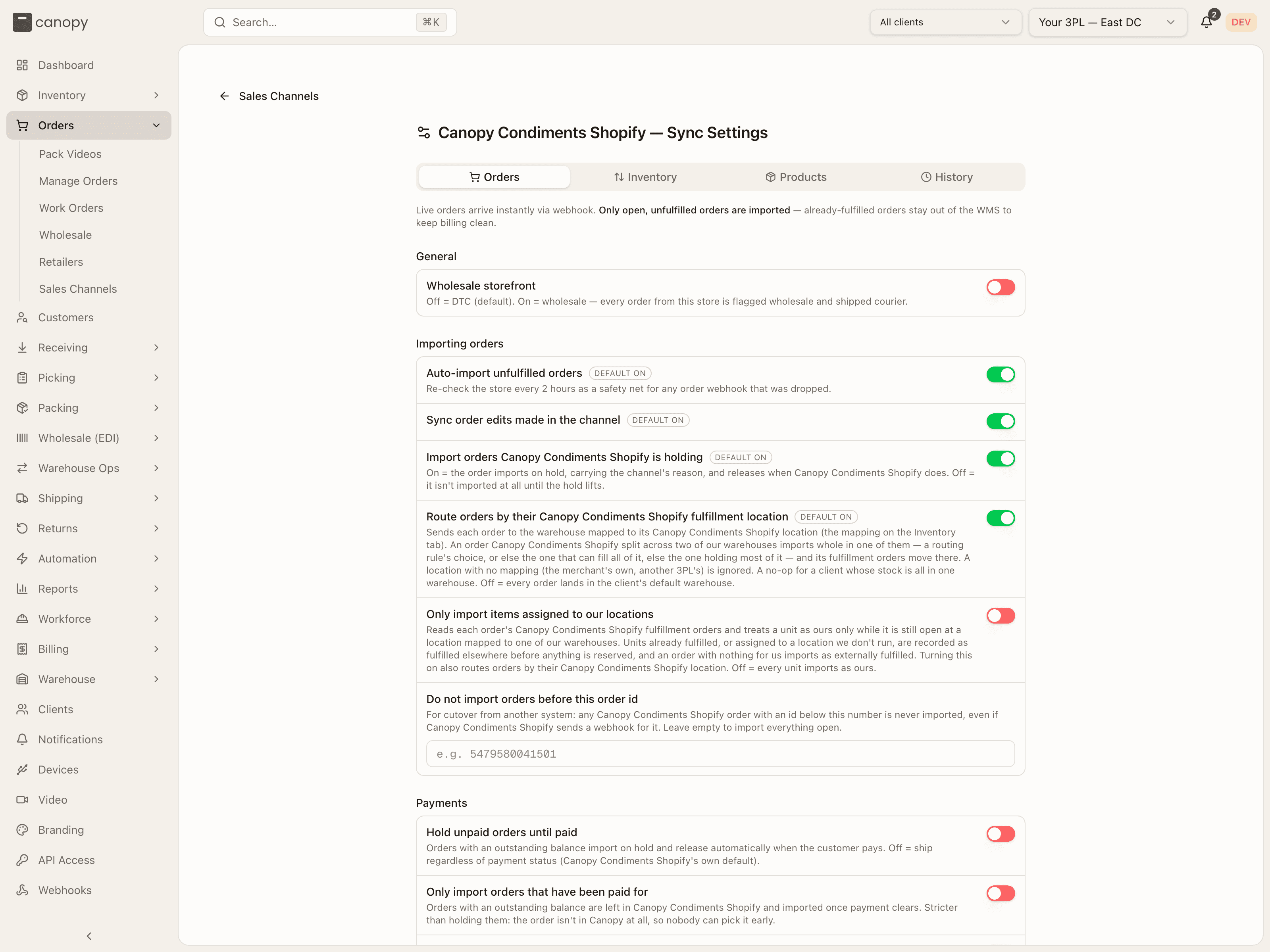 The Orders tab of a channel's sync settings — General, Importing orders, and Payments groups