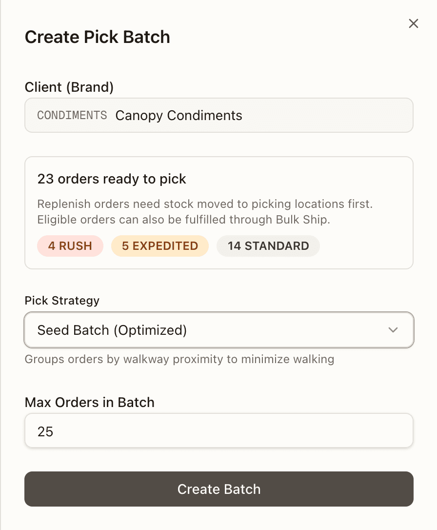 The Create Pick Batch sheet — client, available allocated orders with priority badges, pick strategy, and max orders