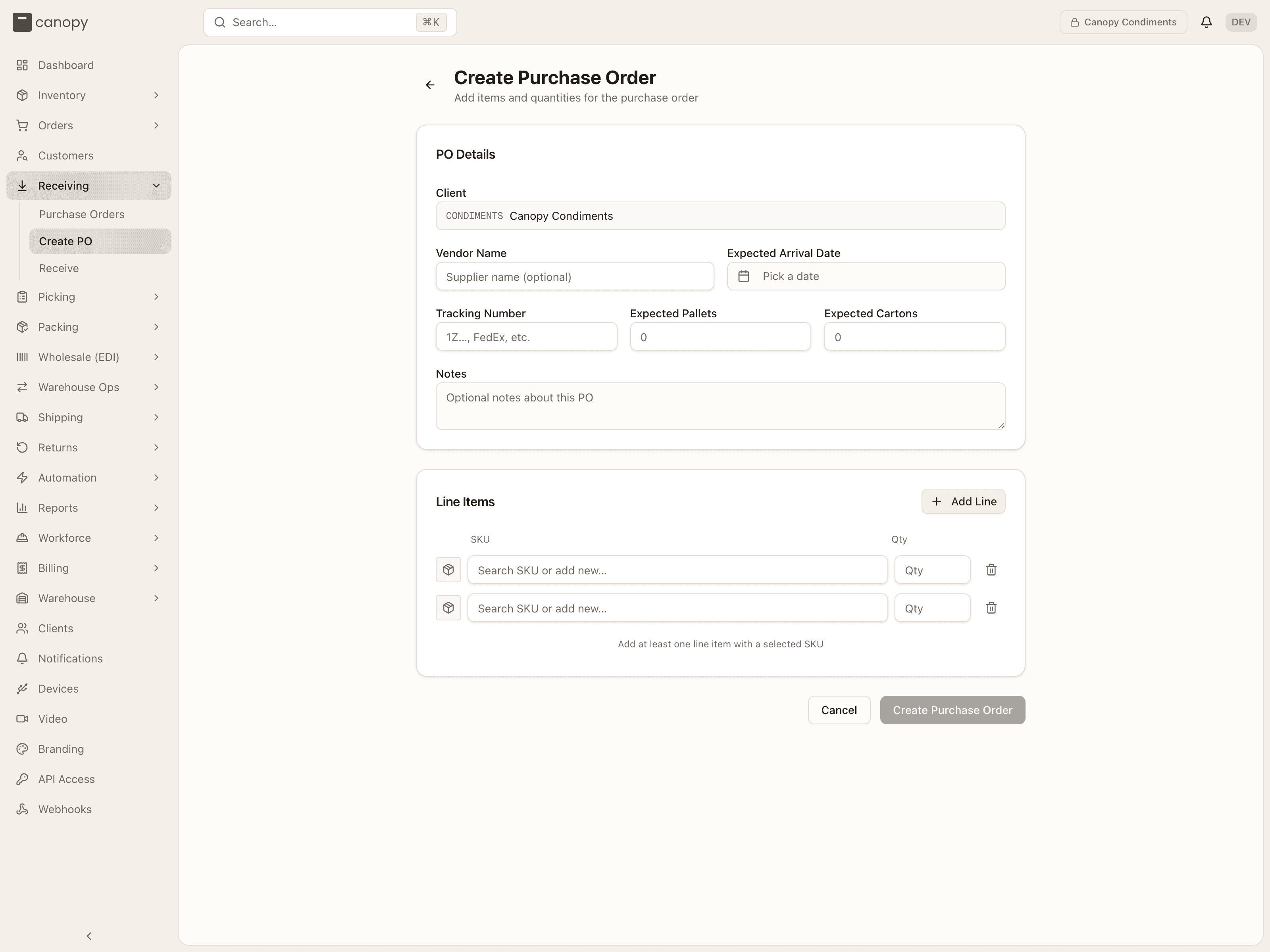 Create Purchase Order — the Client picker, PO details, and line items with the operator's search-or-add SKU box