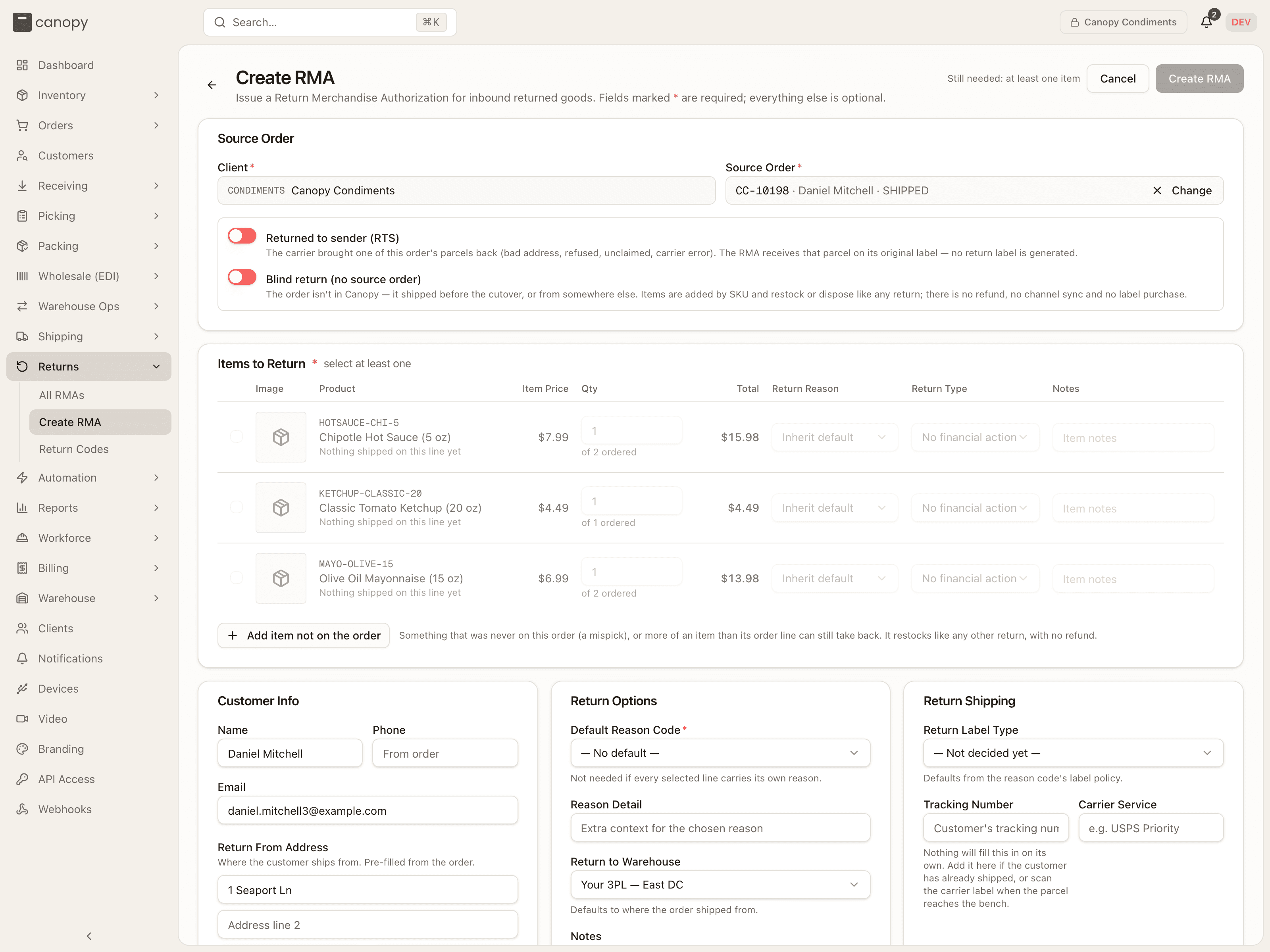 Items to Return with an order loaded — tick the lines, set quantity, reason and return type