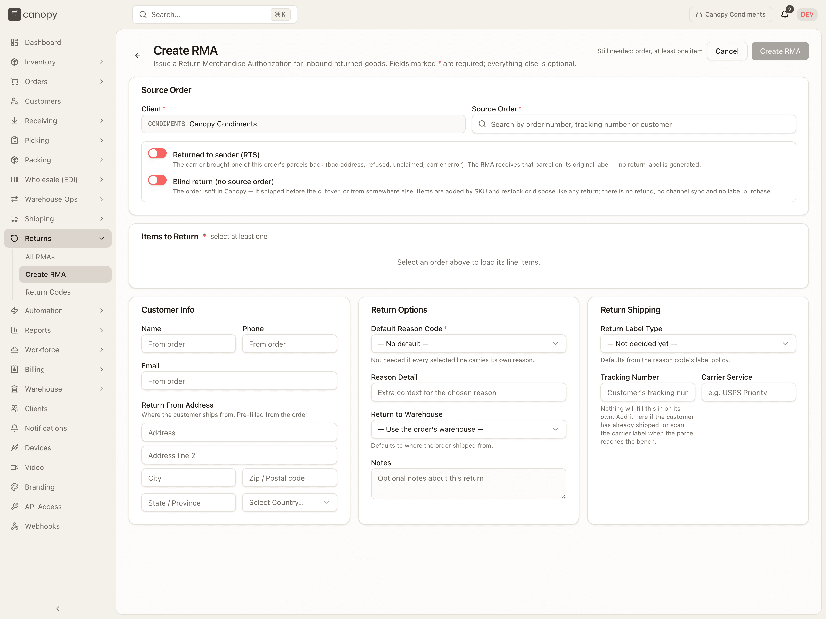Create RMA, before an order is chosen — the header says what is still needed