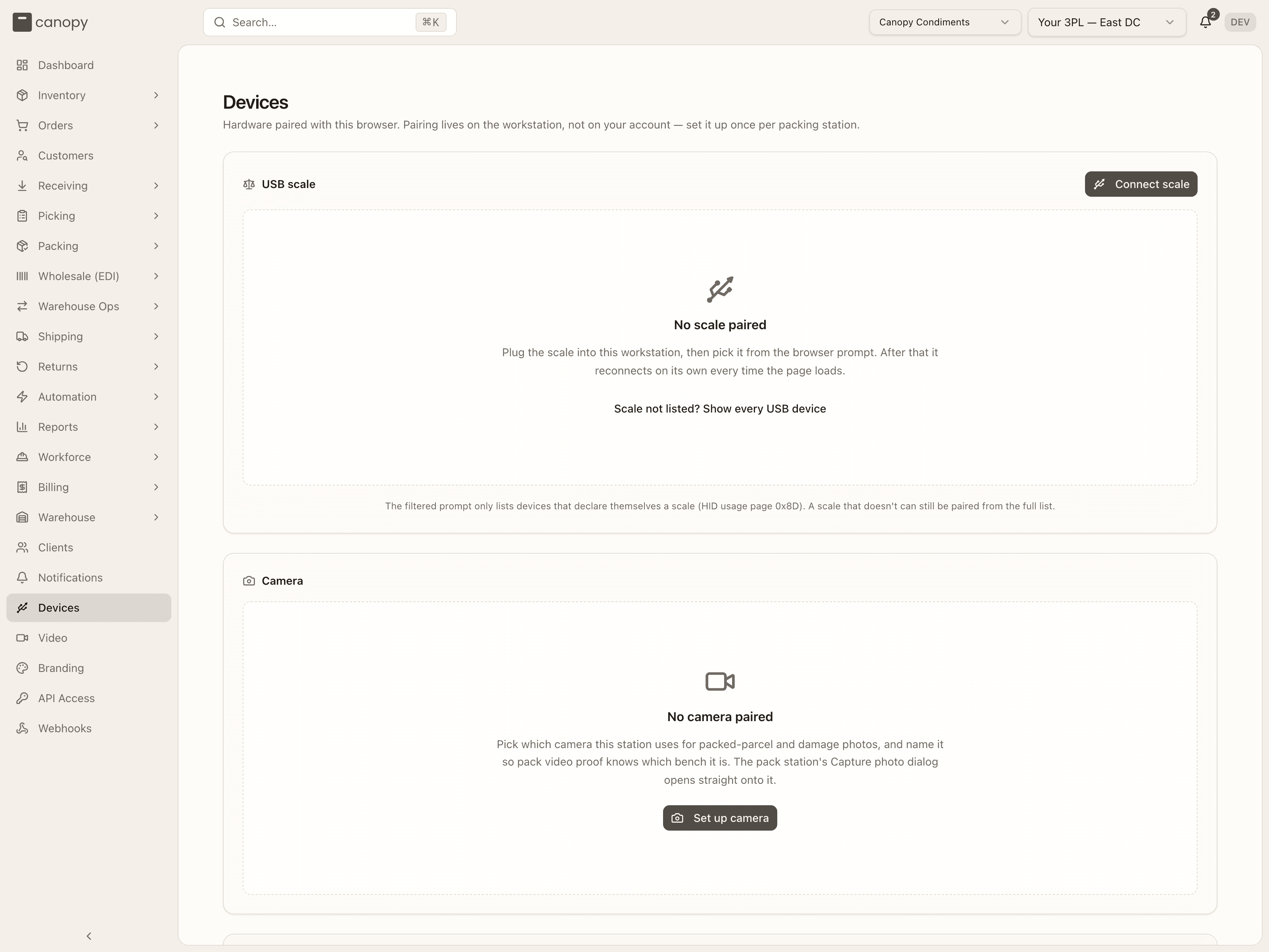 The Devices page before anything is paired