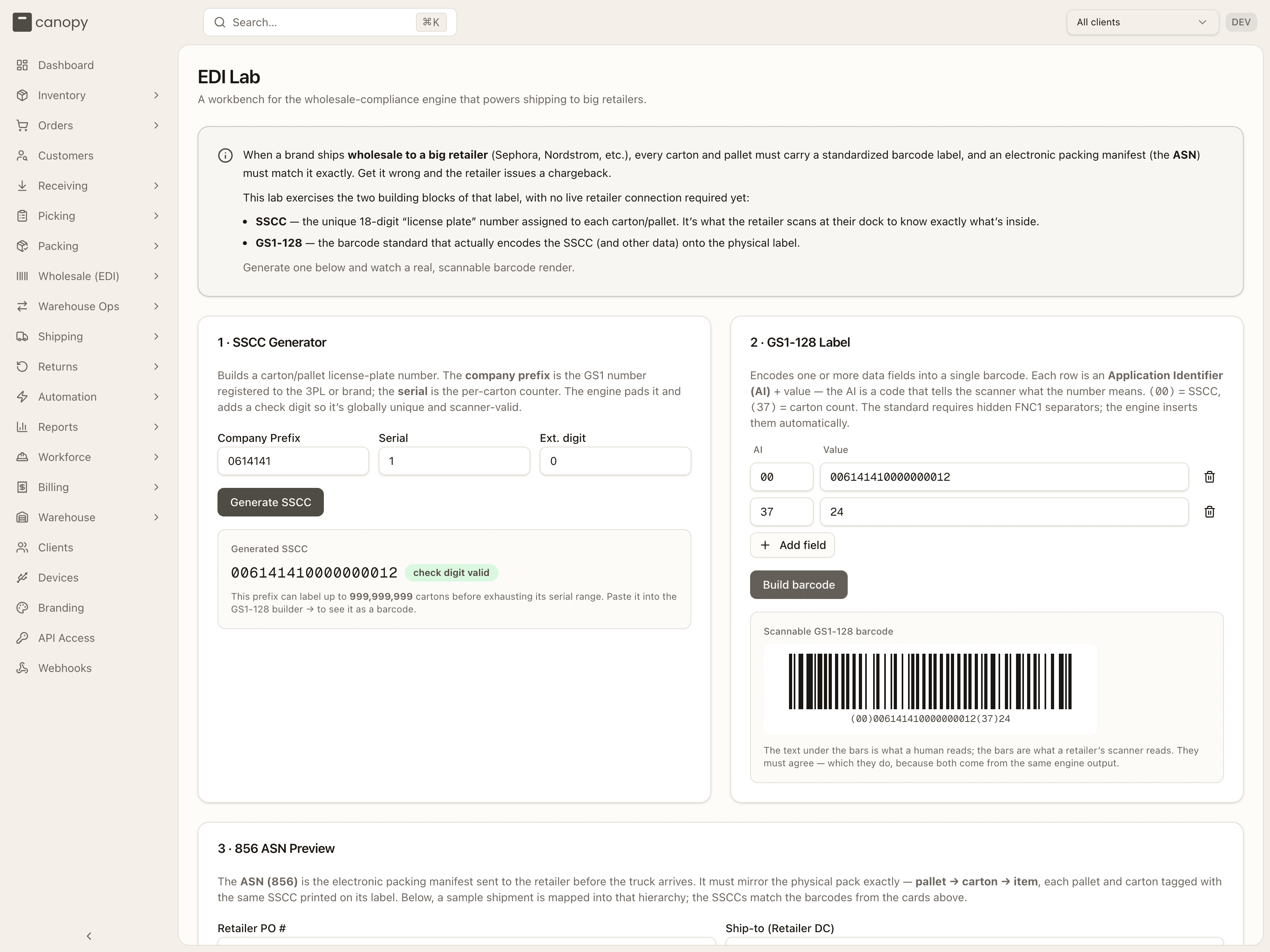 The EDI Lab with a generated SSCC and barcode