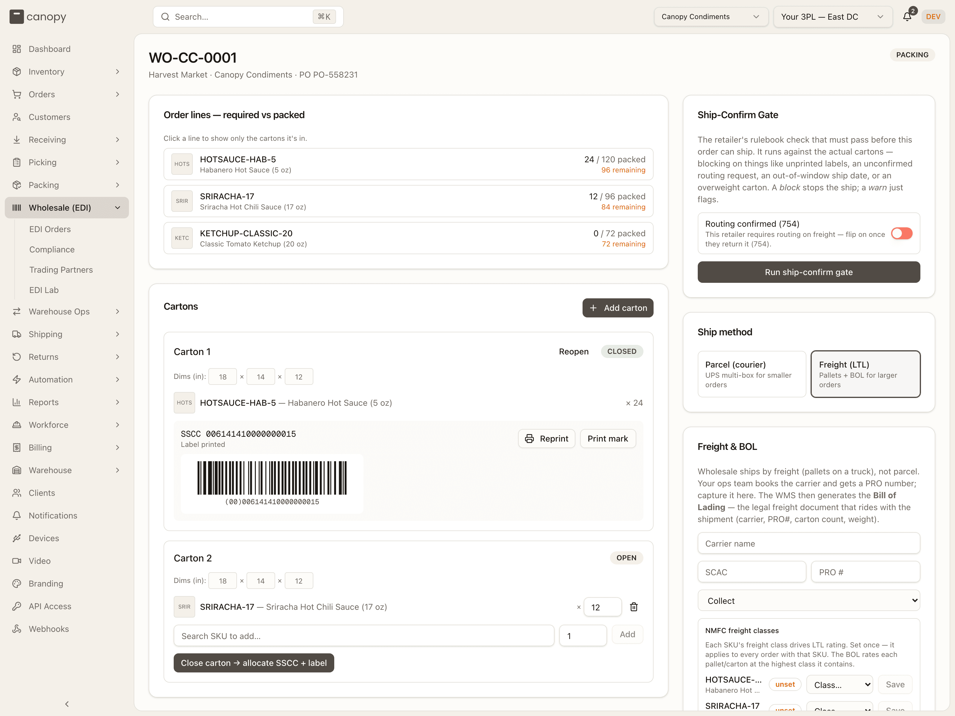 An EDI order — lines, cartons, and the ship-confirm gate