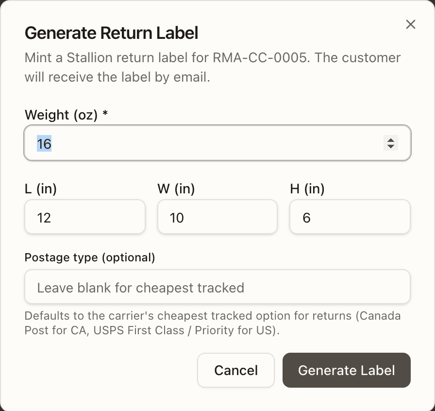 The Generate Return Label dialog