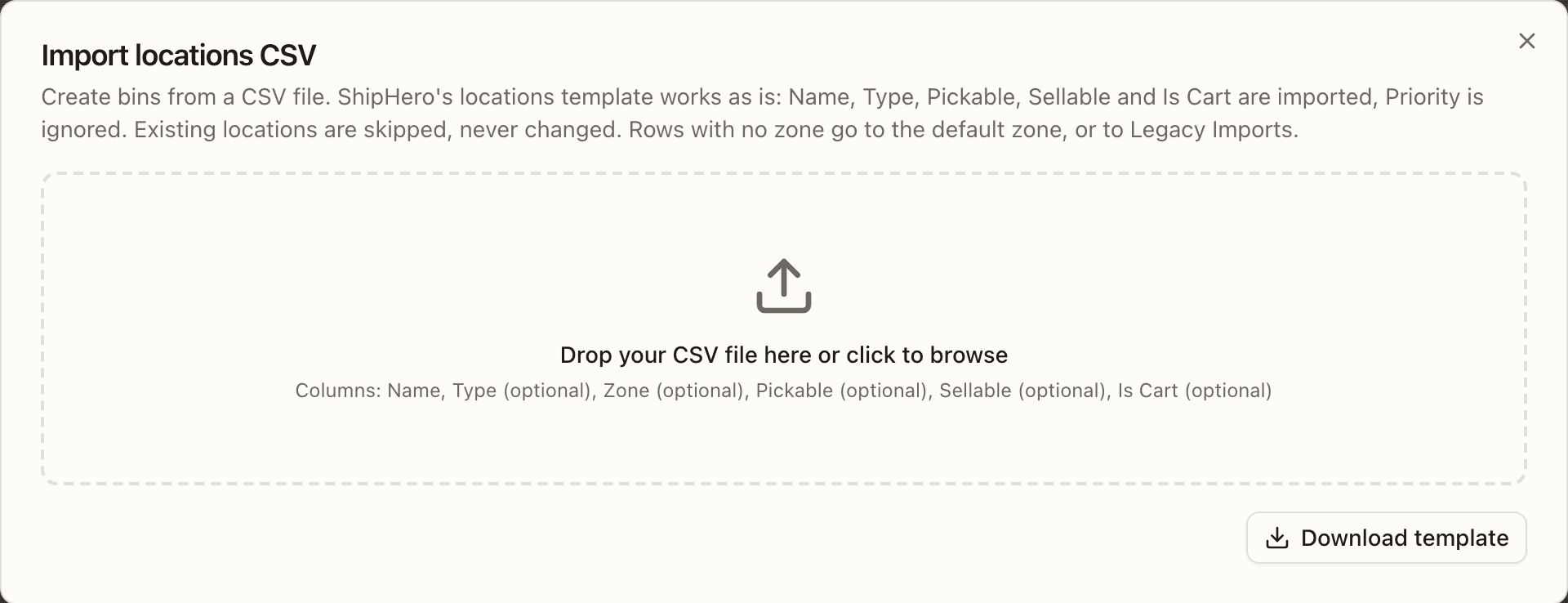 Import locations CSV — the drop zone, the Default zone picker and the columns it takes