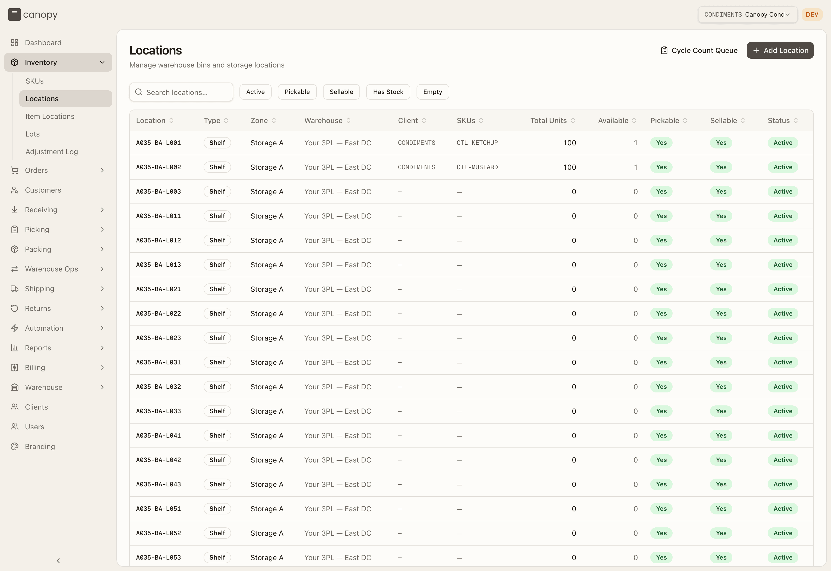 Locations — warehouse bin management