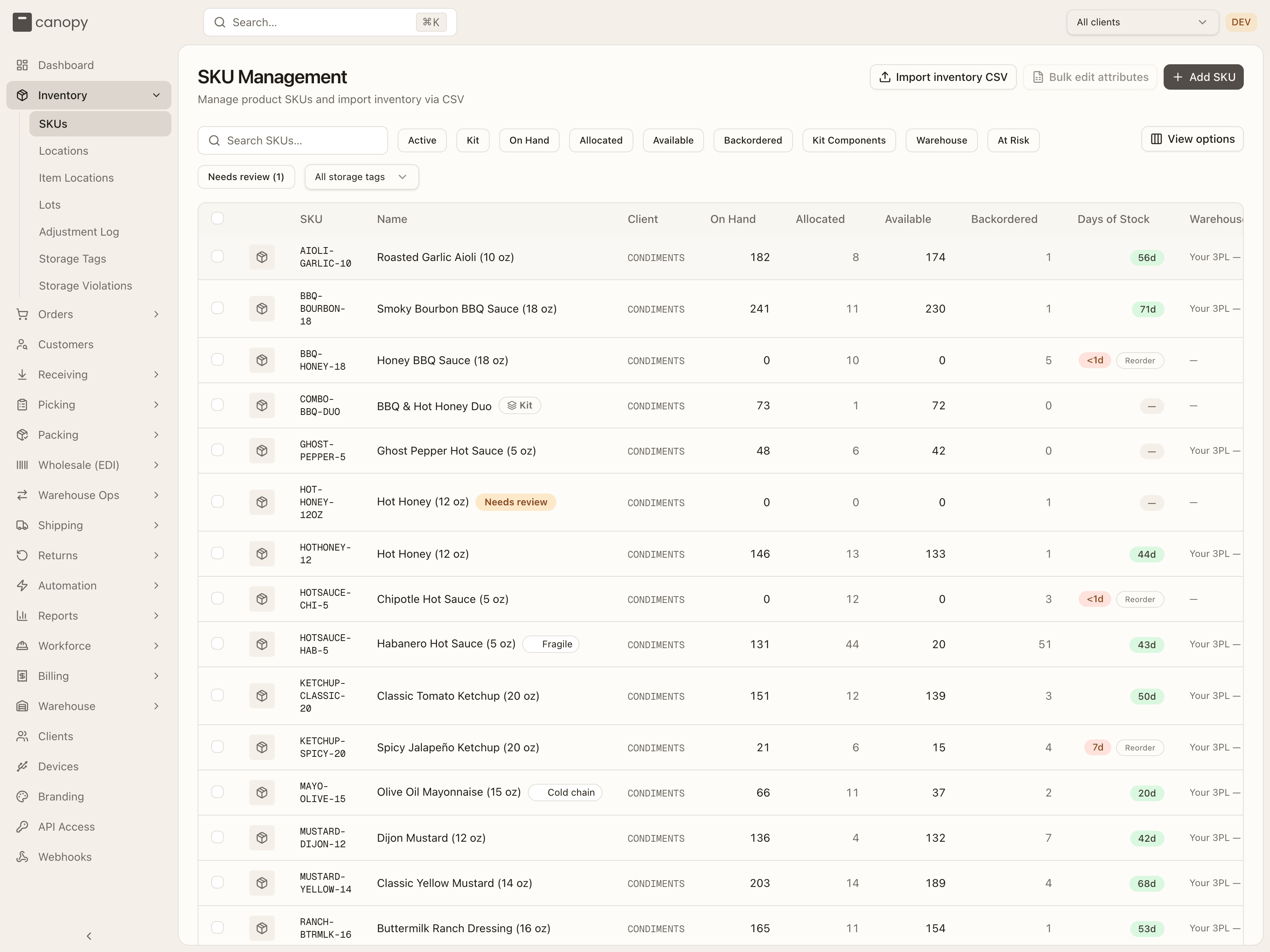 SKU list across all clients — nine filter chips, the Client column, and the header actions