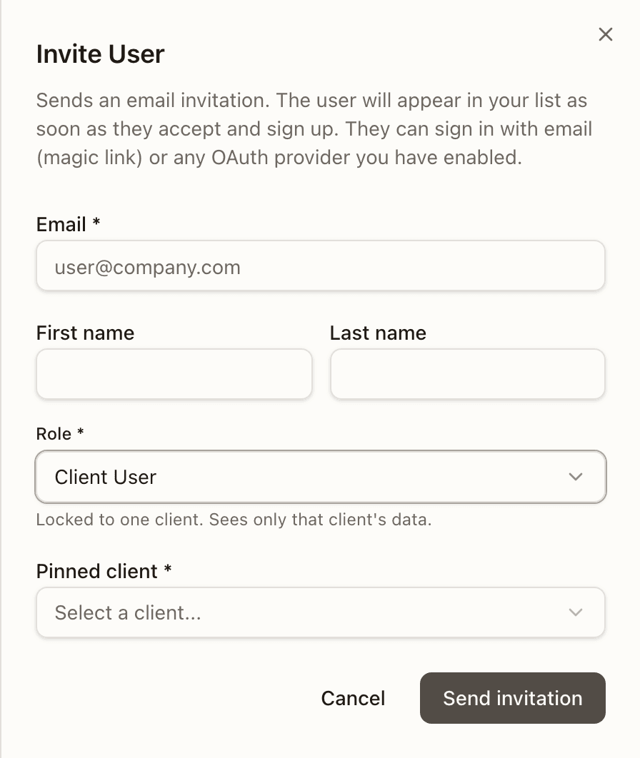 Inviting a Client User — the Pinned client picker appears