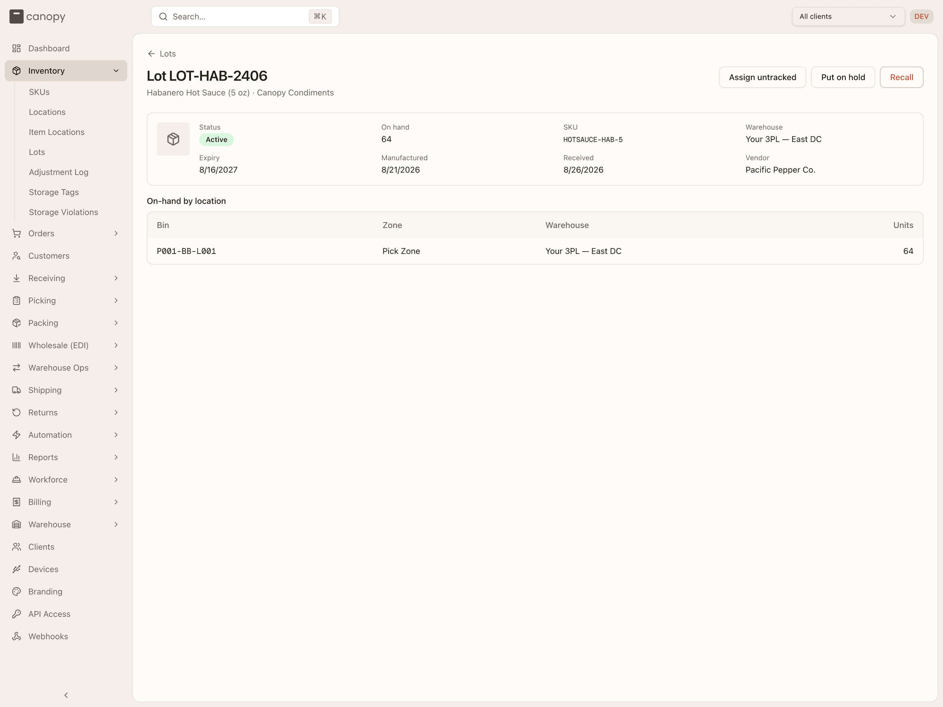 A lot's detail, with Assign untracked, Put on hold and Recall