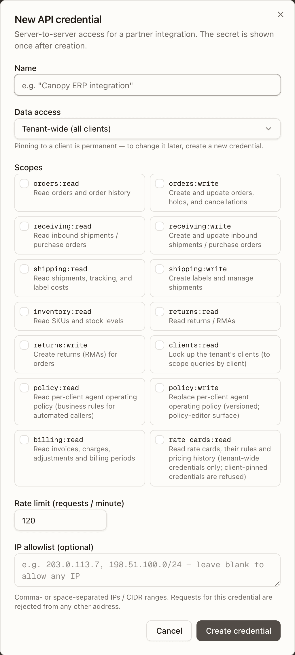 The New API credential dialog