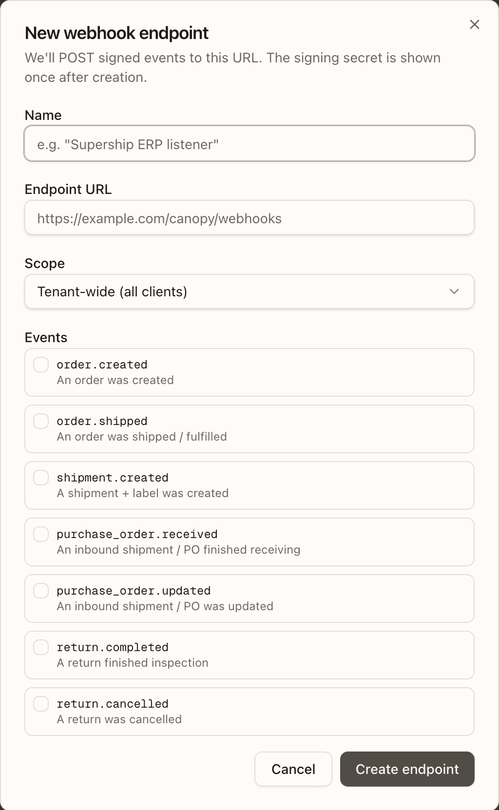 The New webhook endpoint dialog
