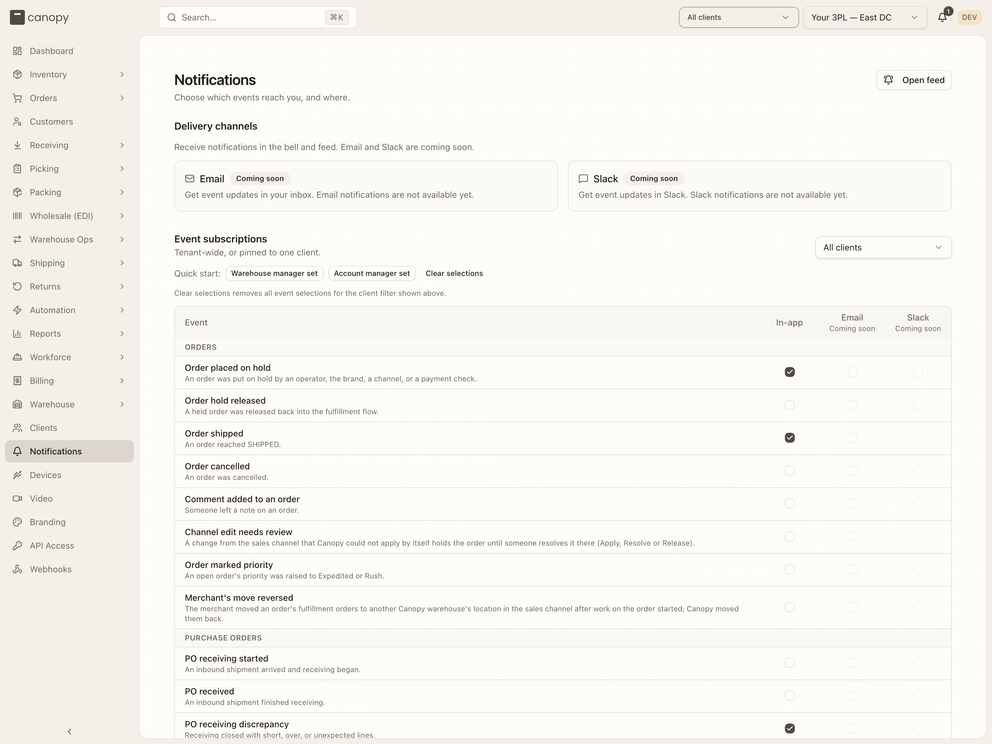 Settings → Notifications: the Email and Slack cards marked Coming soon, the event table with In-app tick boxes, and Followed records
