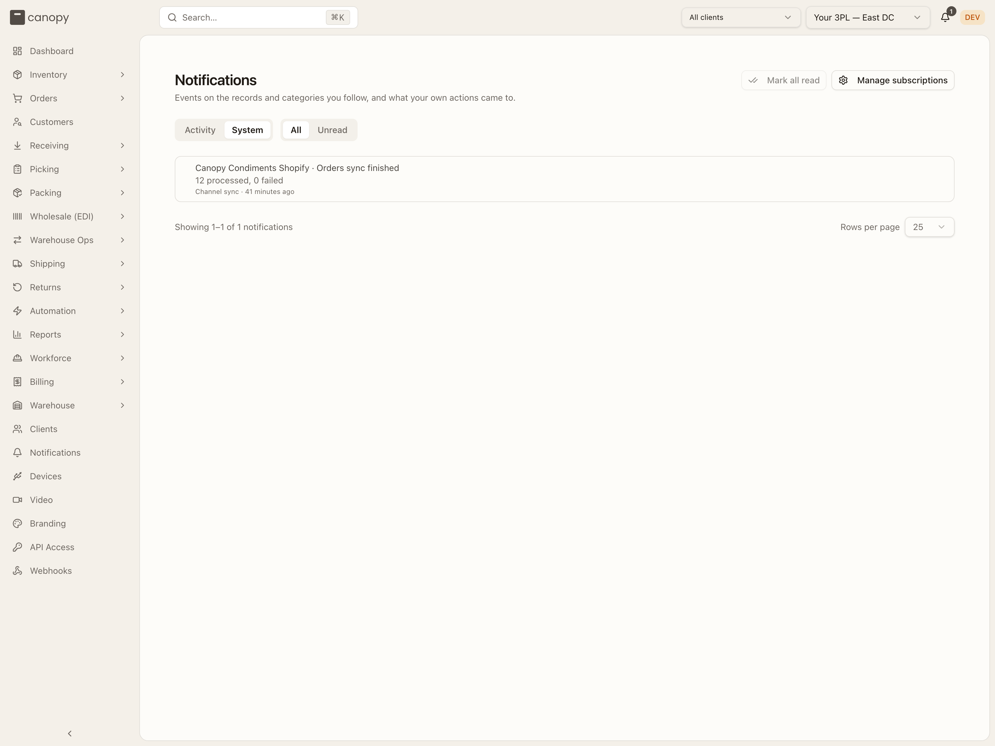 The feed's System tab: one finished channel sync, already read, with the page it links to under it