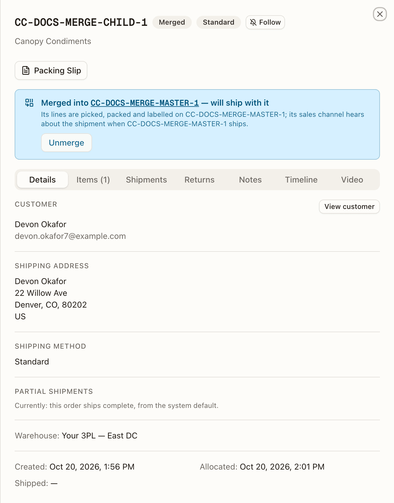 A merged order's sheet — the Merged into CC-DOCS-MERGE-MASTER-1 banner and its Unmerge button, with only Packing Slip in the action bar