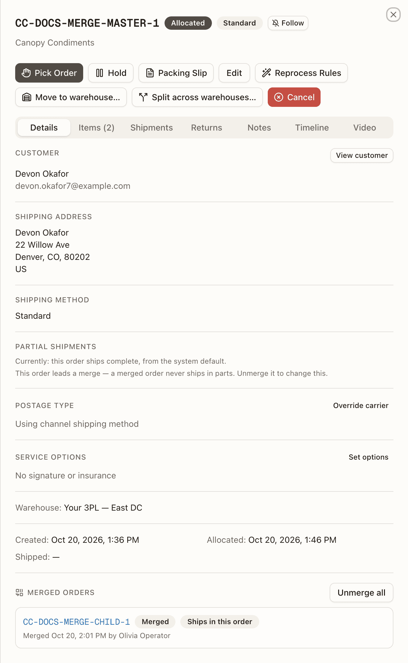 The Details tab of a merged master — the Merged orders section with the merged order's row, Ships in this order, and Unmerge all