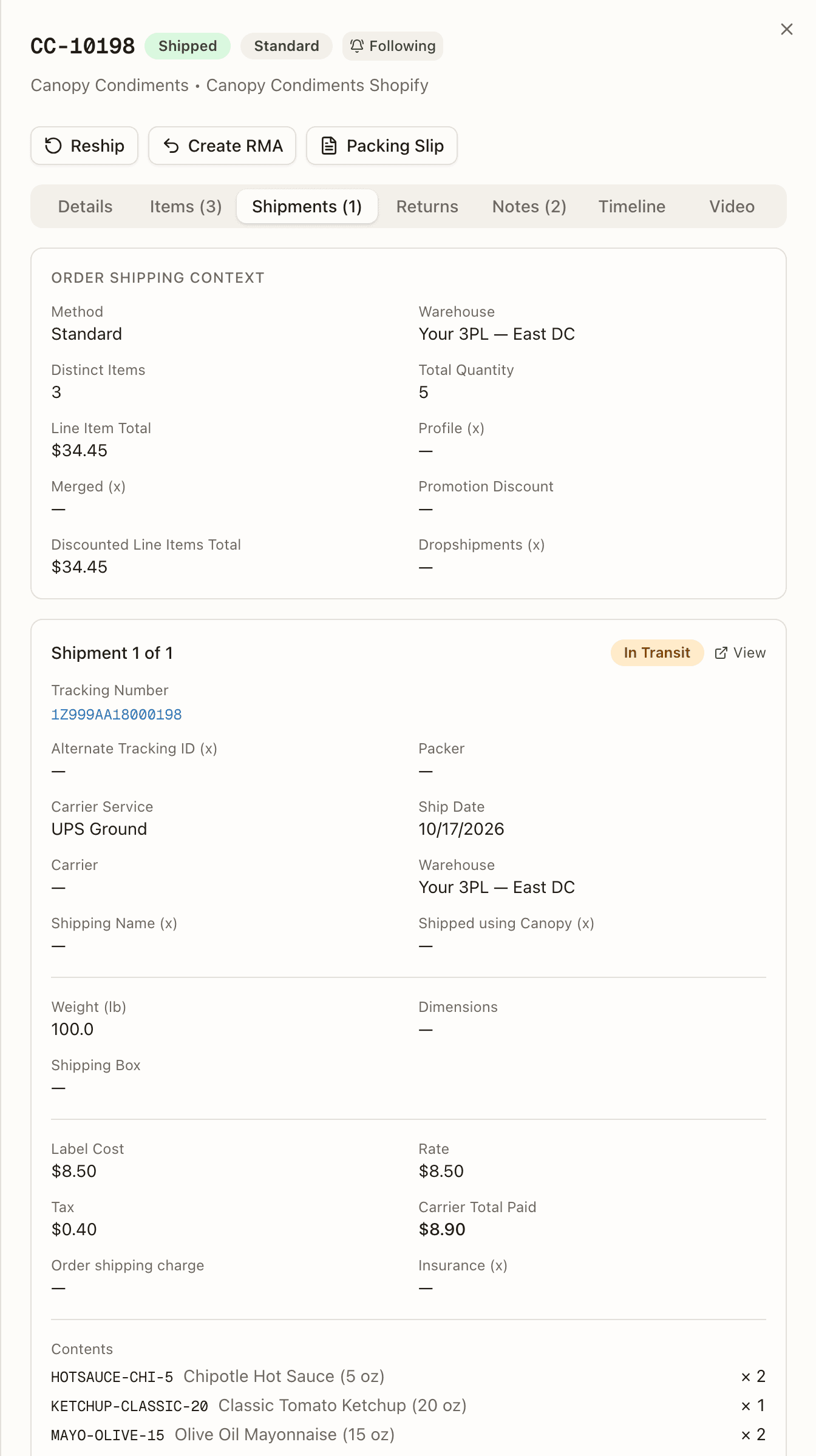 A parcel card on an order's Shipments tab, with the Warehouse that box left from