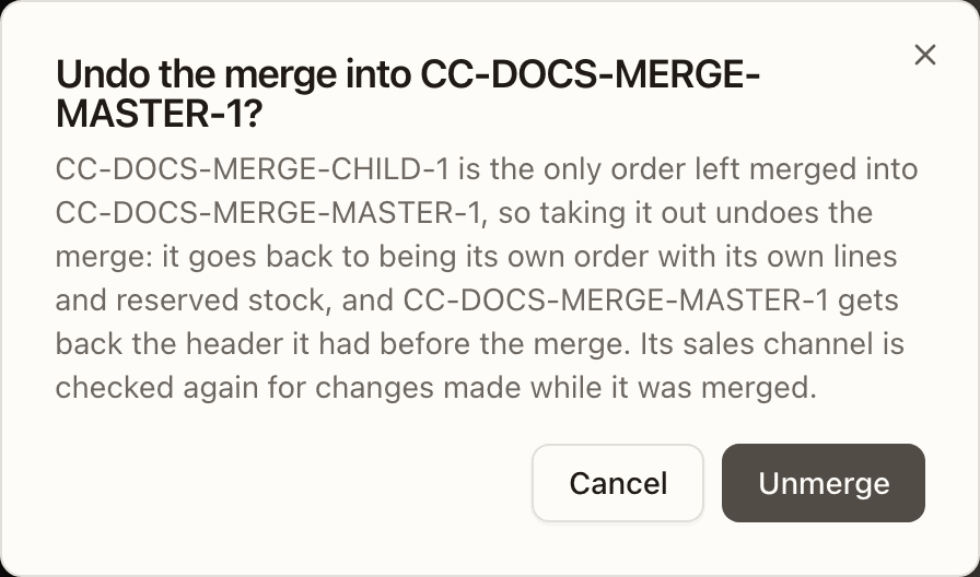 The Undo the merge into CC-DOCS-MERGE-MASTER-1? confirmation over the merged order's sheet
