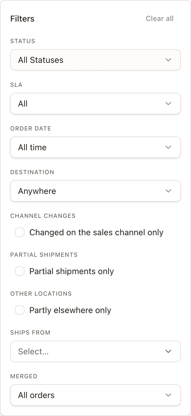 The Filters popover — status, SLA, order date, destination, channel changes, partial shipments, other locations, ships from, and merged