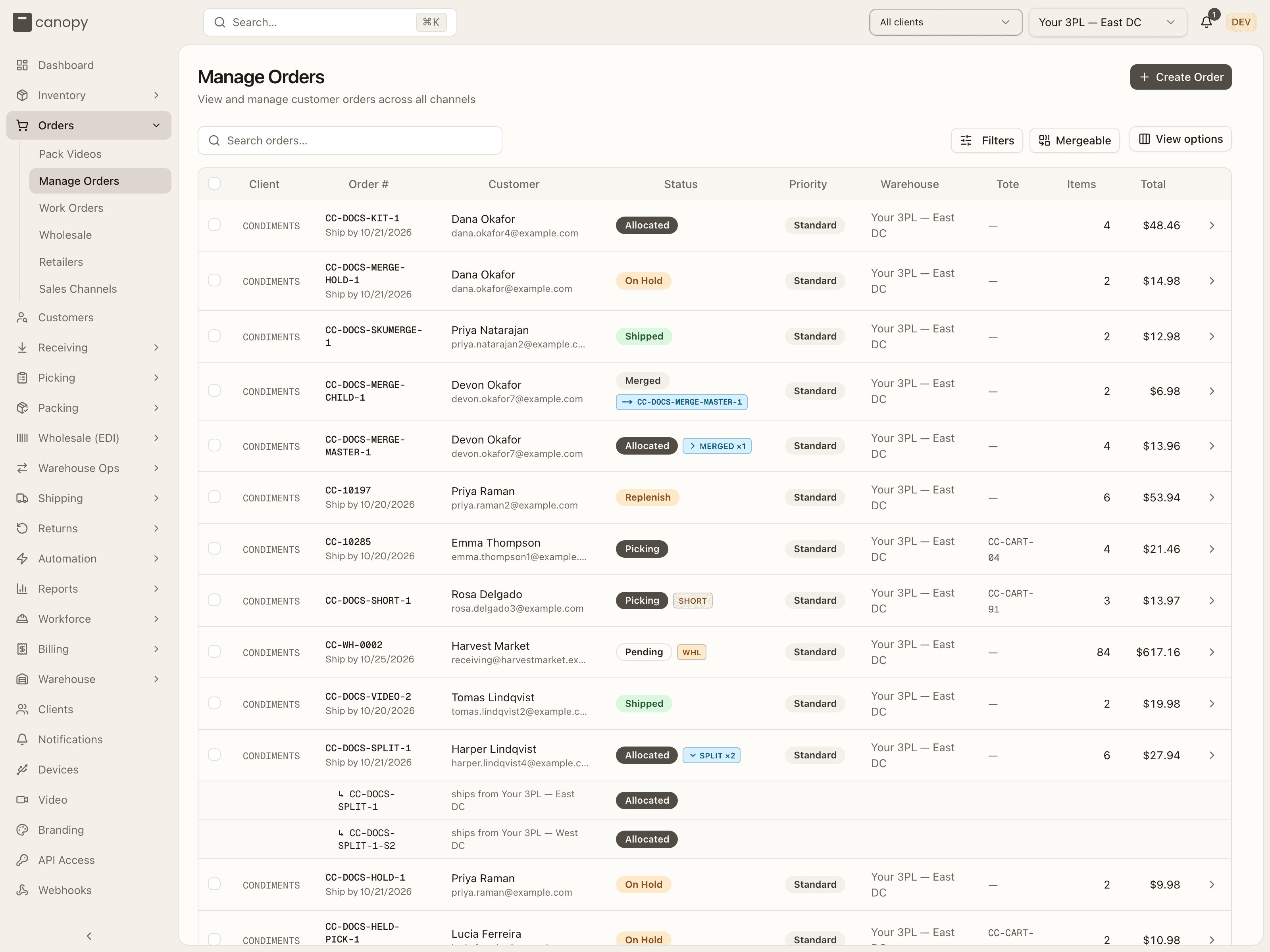 Manage Orders — the all-clients list with its Warehouse column, and the Filters, Mergeable and View options buttons above the table