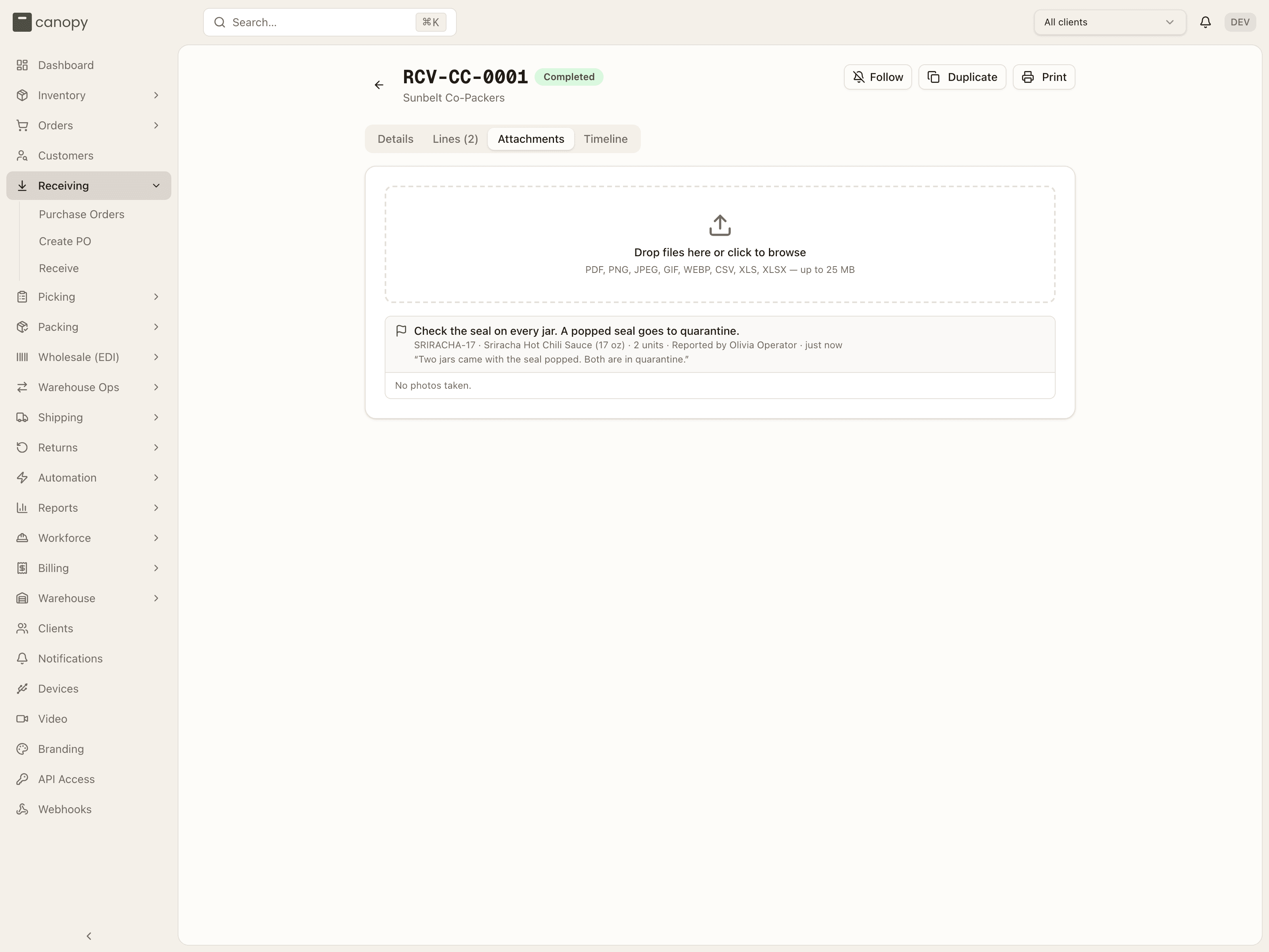 The Attachments tab of RCV-CC-0001: one problem report, the seal note and two units, reported by Olivia Operator, with No photos taken
