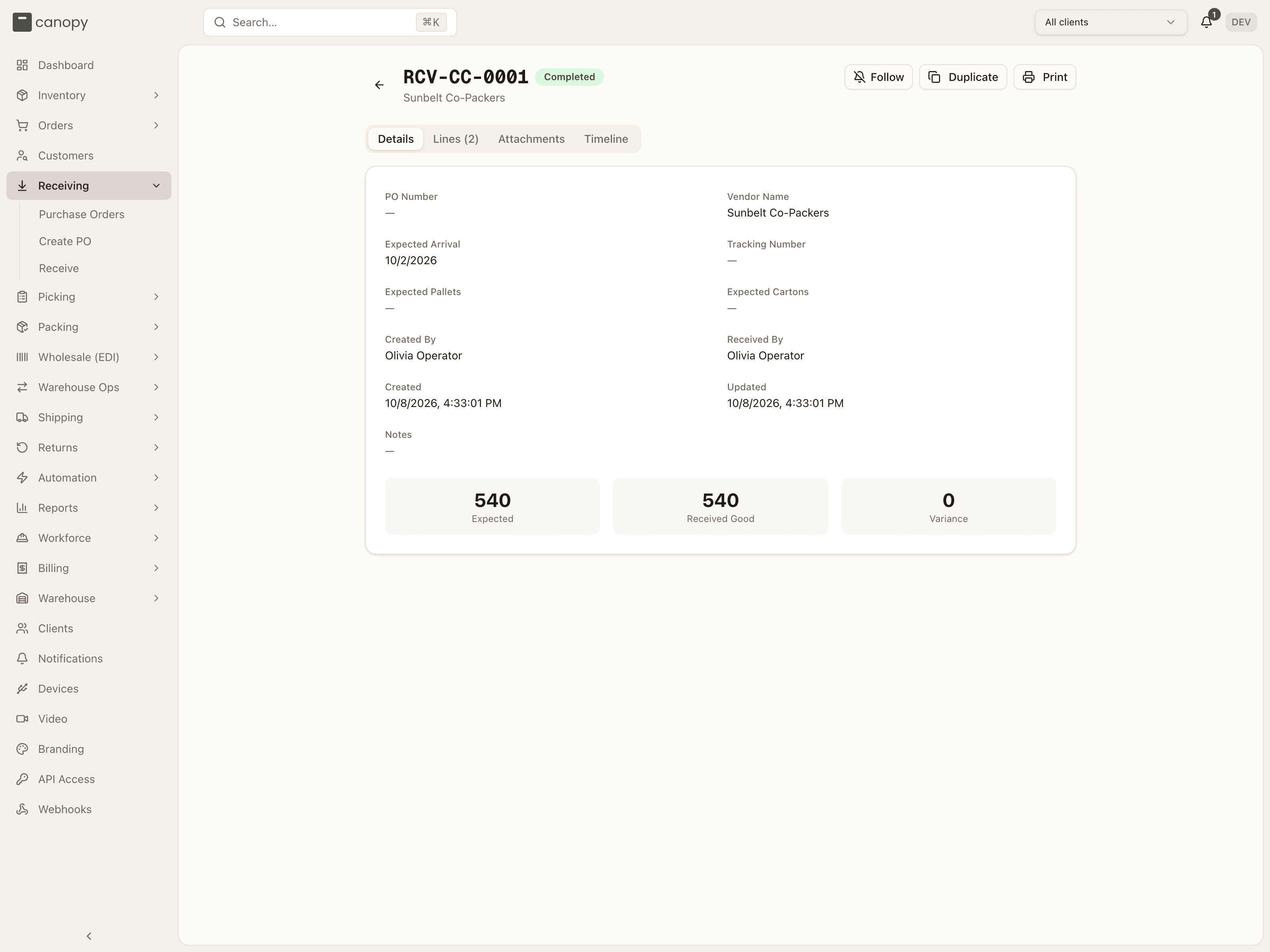 A completed PO — RCV-CC-0001's Details tab, with Duplicate and Print in the header