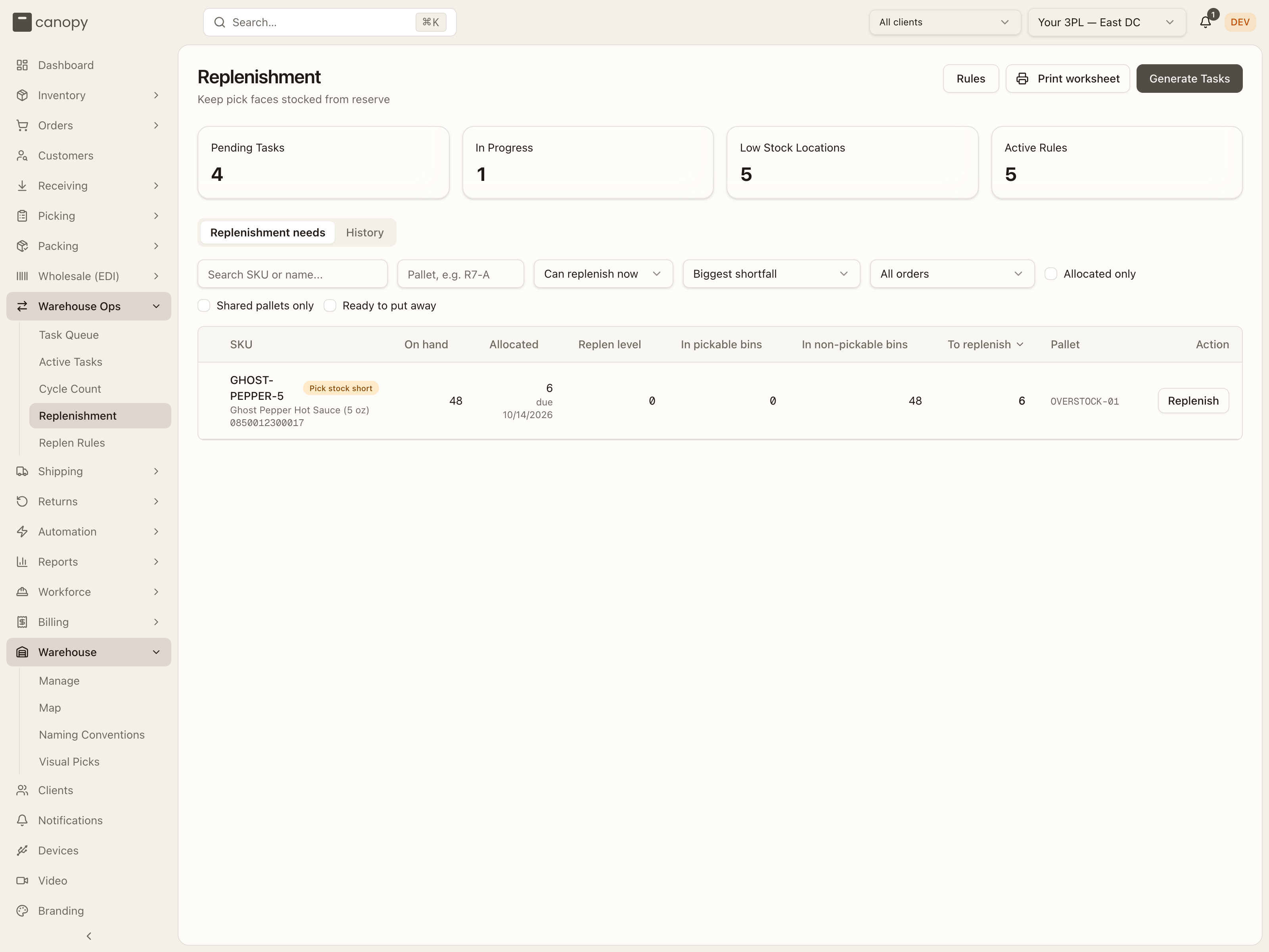 Replenishment: KPIs, the Replenishment needs worklist on Can replenish now with its filters, and Raise task or Replenish on each row