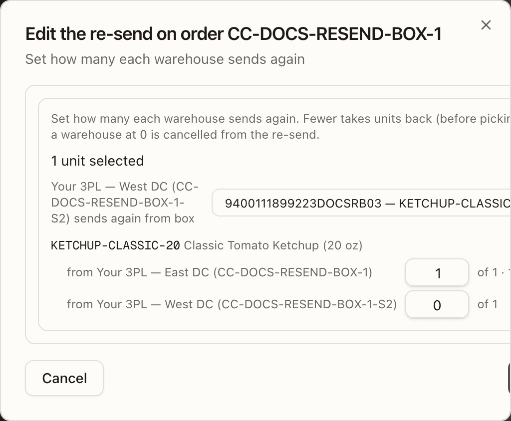 The plan editor of a returned-to-sender re-send: West DC's order with a sends again from box picker above its items