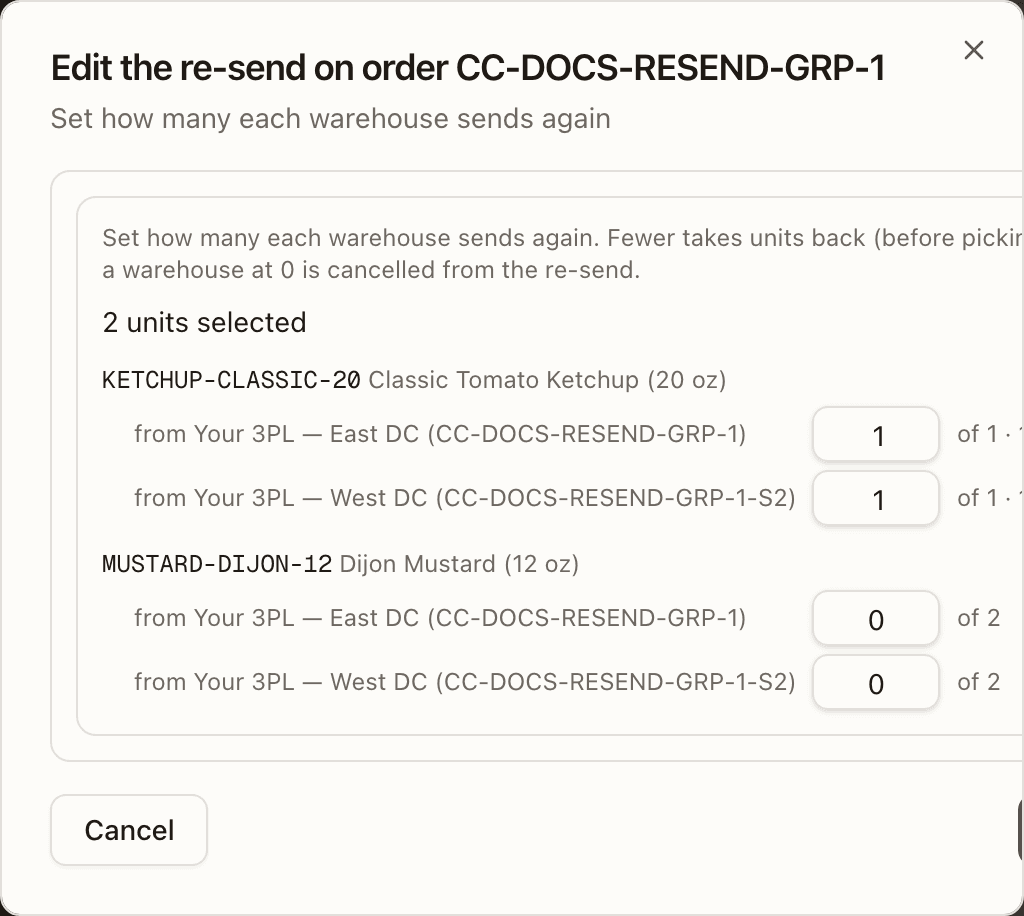 The plan editor, Set how many each warehouse sends again: the ketchup and the mustard each with a count from East DC's order and one from West DC's order, the ketchup showing what each part sends now