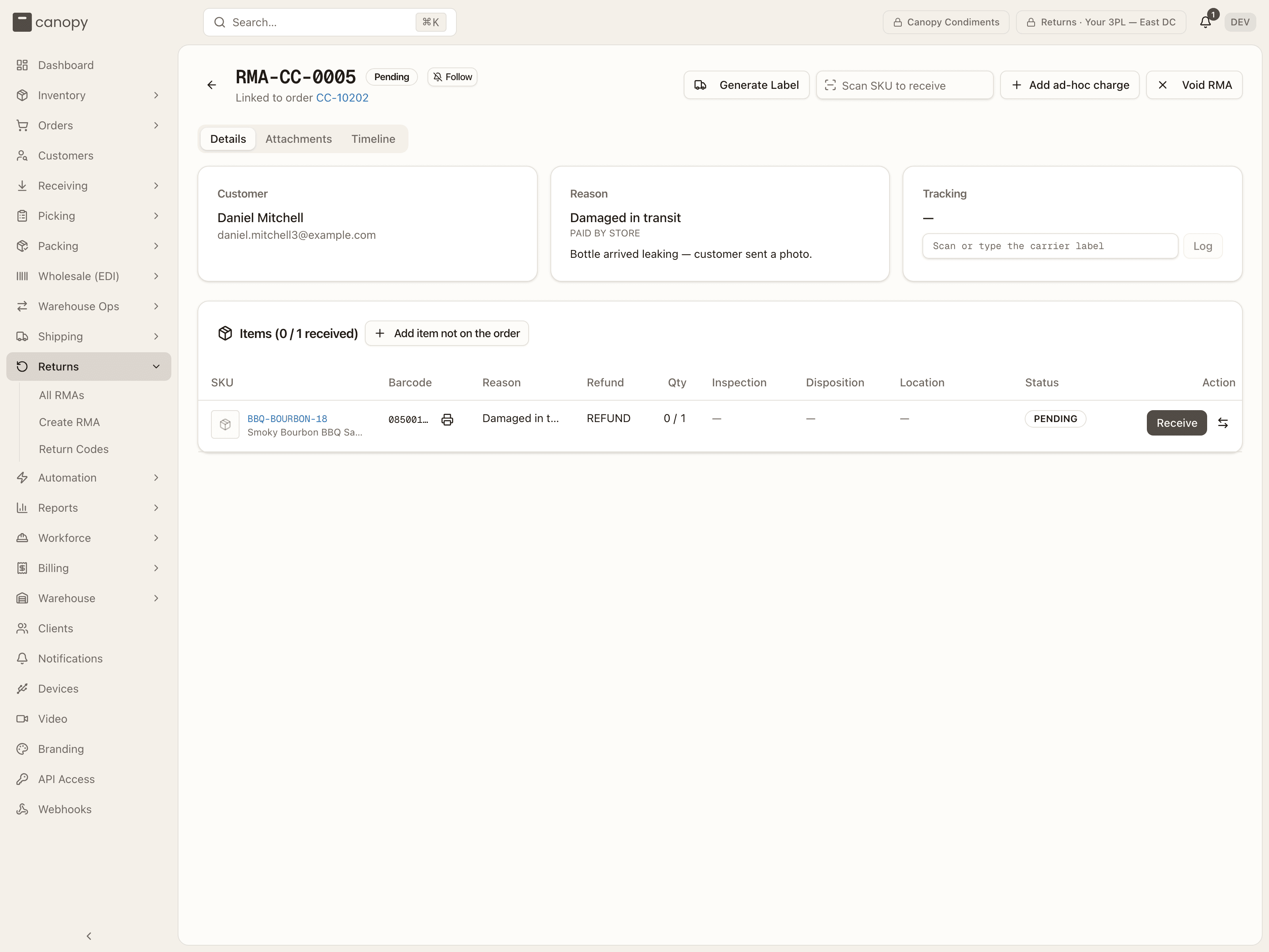 A Pending RMA — the scan box in the header, the tracking capture on the Tracking card, and a line ready to receive