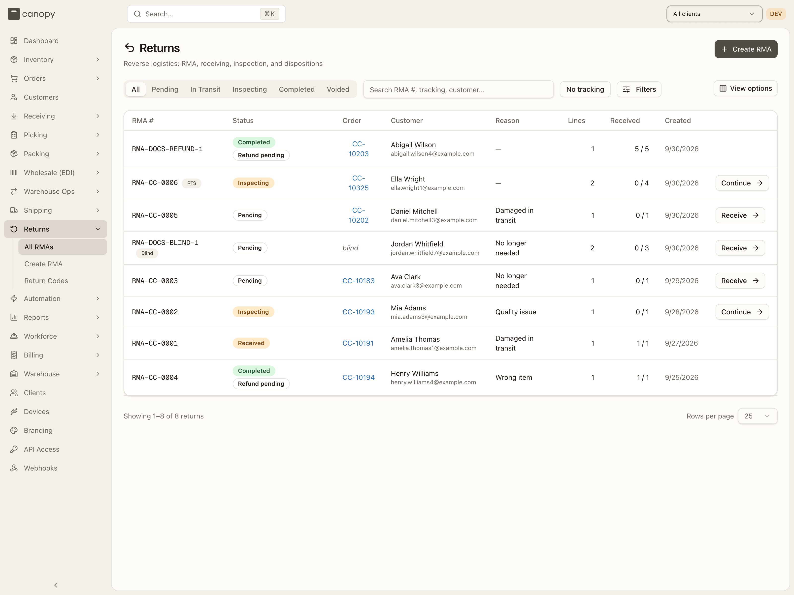 The RMA list — Receive on the Pending rows, Continue on the Inspecting ones